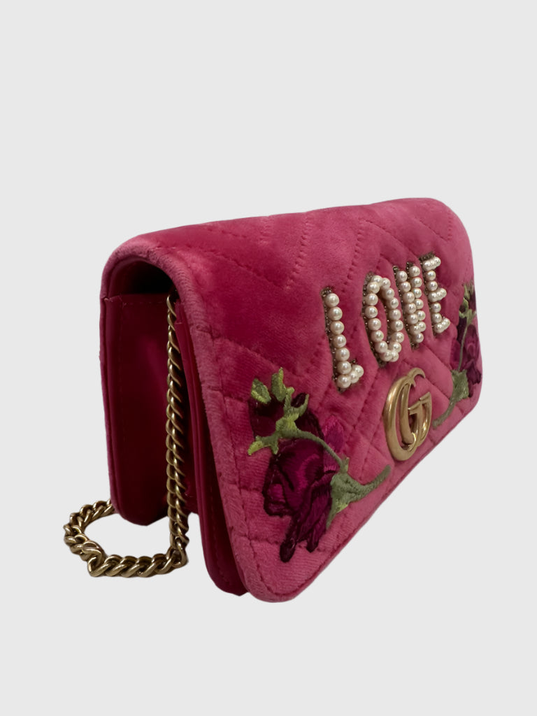 Gucci GG Marmont Pink Velvet Love Pearl Rose Embroidered Crossbody Bag