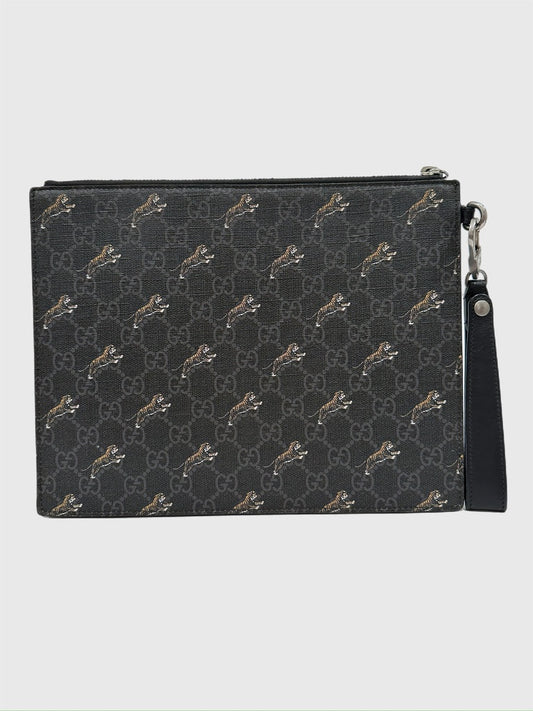 Gucci GG Supreme Monogram Tigers Zip Portfolio Wristlet Black
