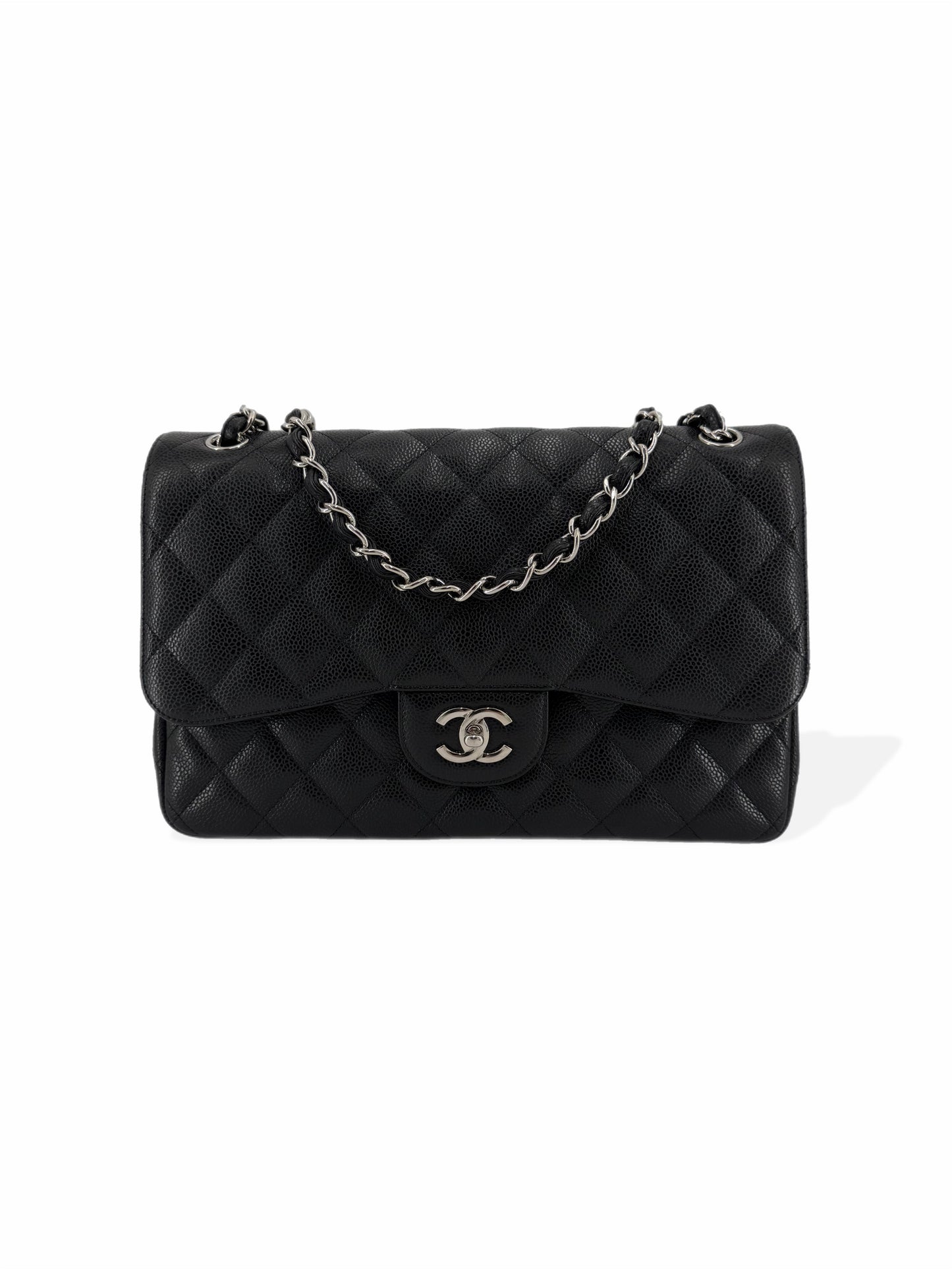 Pre-Owned Chanel Jumbo Double Flap Quilted Black Caviar with Silver Hardware Bag