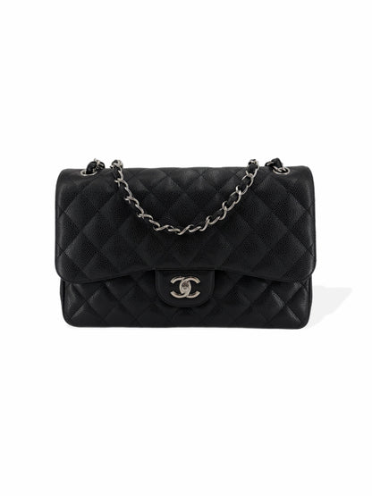 Pre-Owned Chanel Jumbo Double Flap Quilted Black Caviar with Silver Hardware Bag