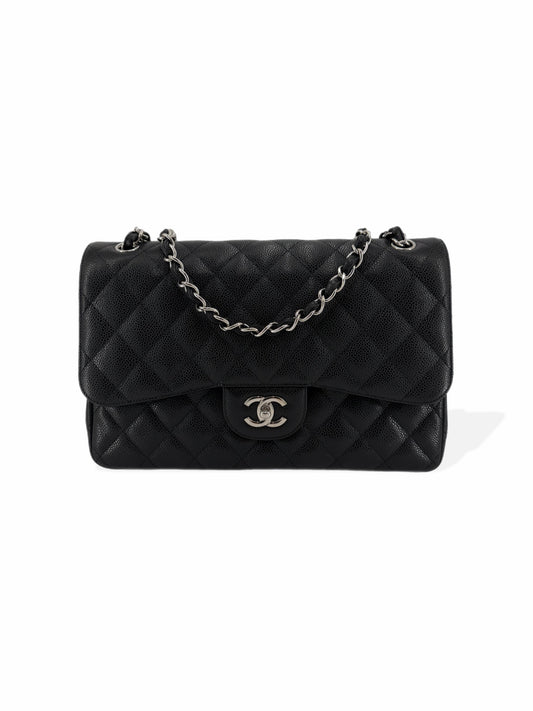 Pre-Owned Chanel Jumbo Double Flap Quilted Black Caviar with Silver Hardware Bag