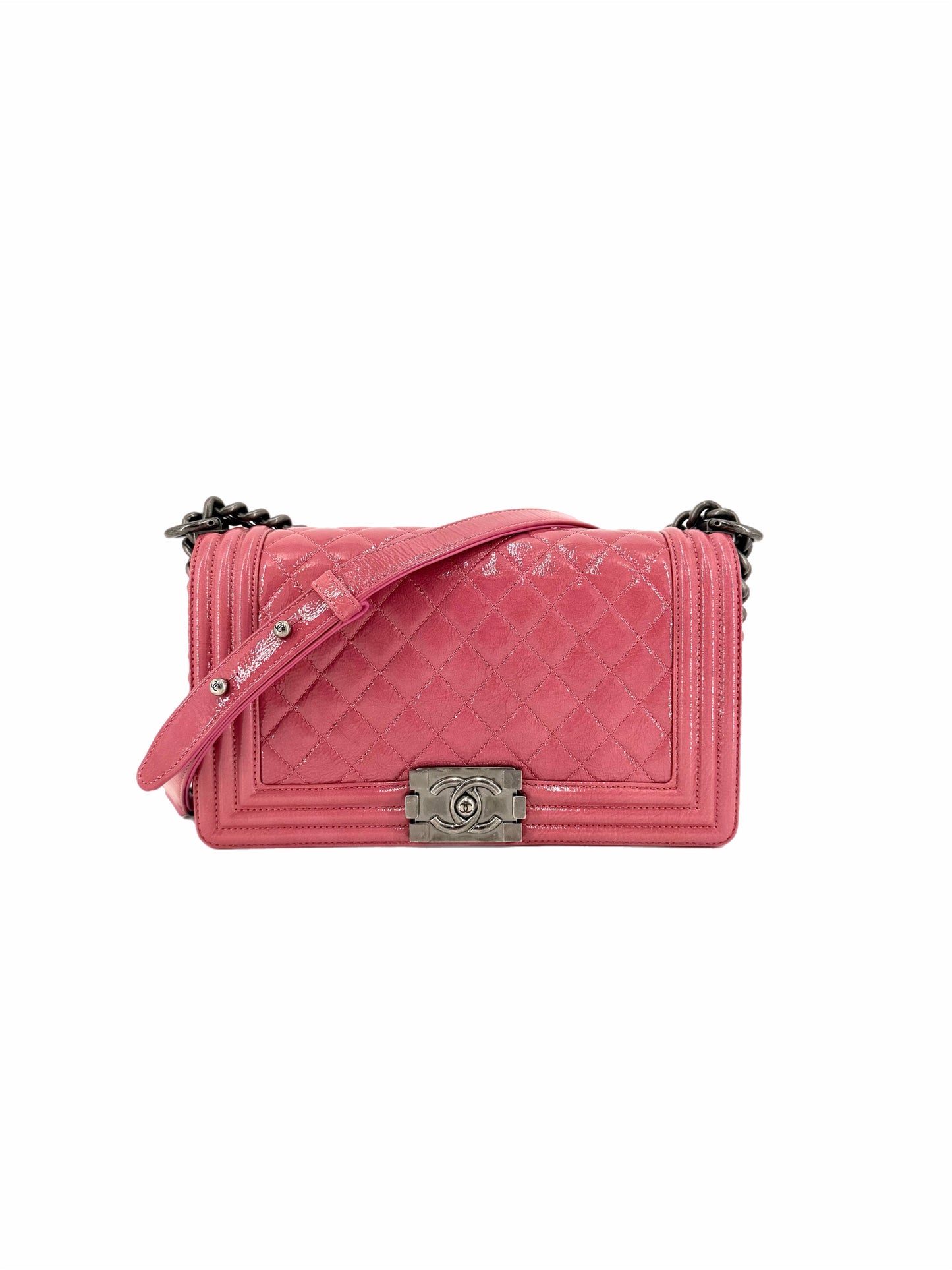 Pre-Owned Chanel Glazed Aged Quilted Lambskin Boy Medium Crossbody Bag