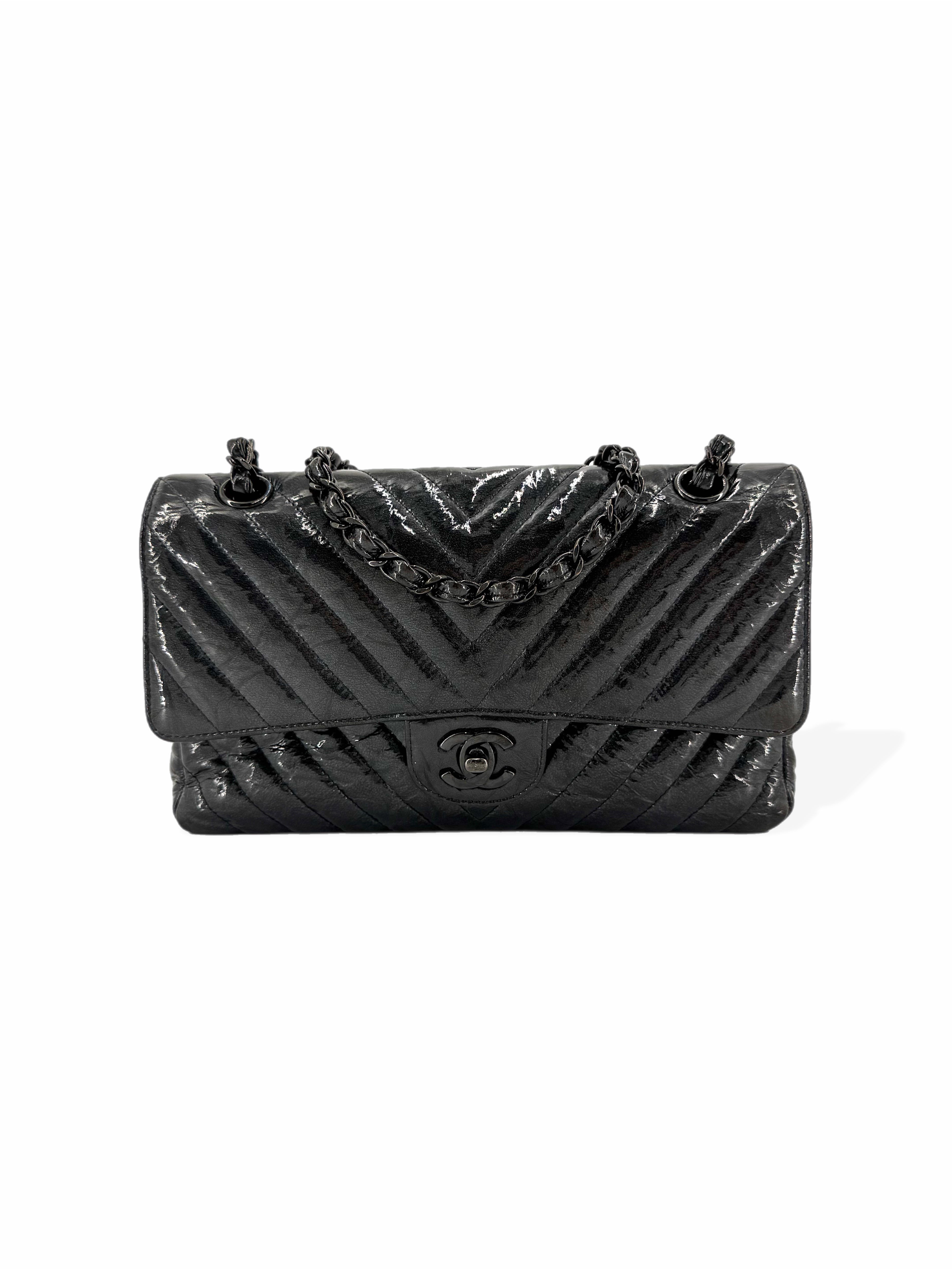 Pre-Owned Chanel So Black Medium Chevron Double Flap Patent Leather Shoulder Bag