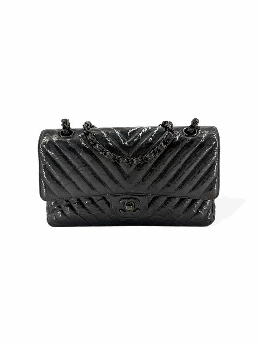 Pre-Owned Chanel So Black Medium Chevron Double Flap Patent Leather Shoulder Bag
