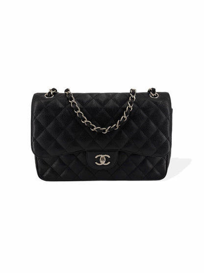 Pre-Owned Chanel Jumbo Double Flap Quilted Black Caviar with Silver Hardware Bag