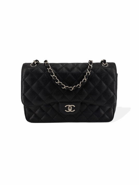 Pre-Owned Chanel Jumbo Double Flap Quilted Black Caviar with Silver Hardware Bag