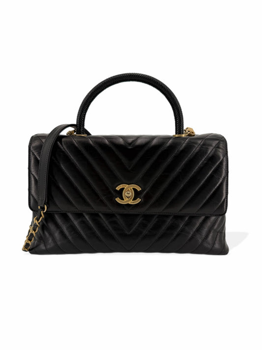 Pre-Owned Chanel Lizard Coco Handle Chevron Shoulder Bag