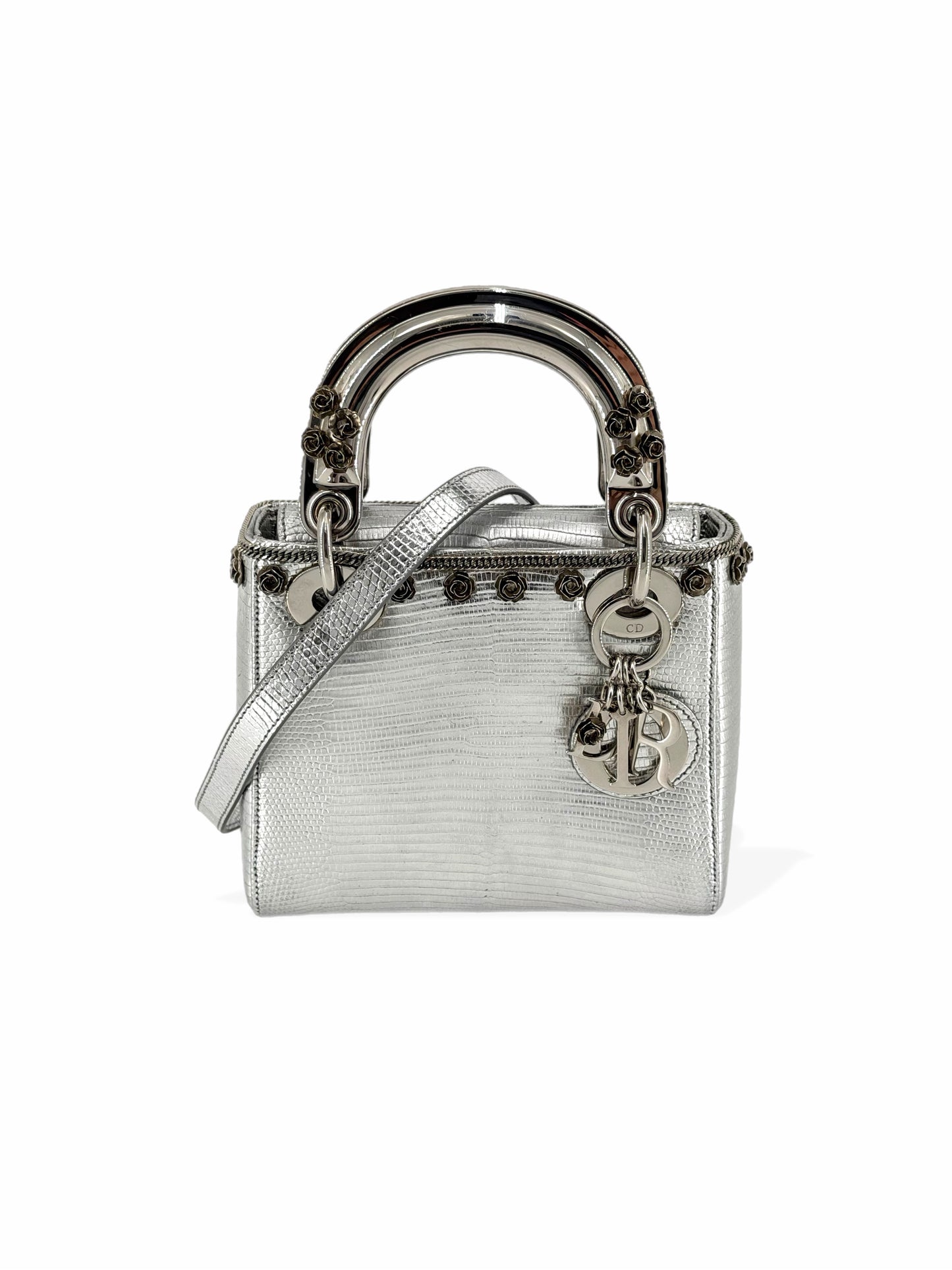 Pre-Owned Lady Dior Lizard with Rose Applique Mini Crossbody Bag