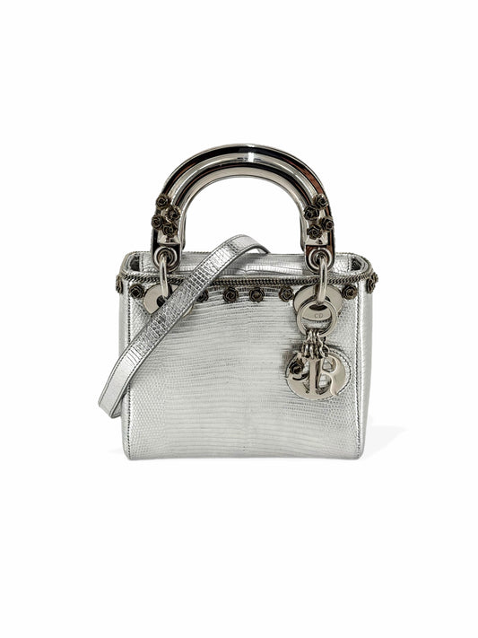 Pre-Owned Lady Dior Lizard with Rose Applique Mini Crossbody Bag