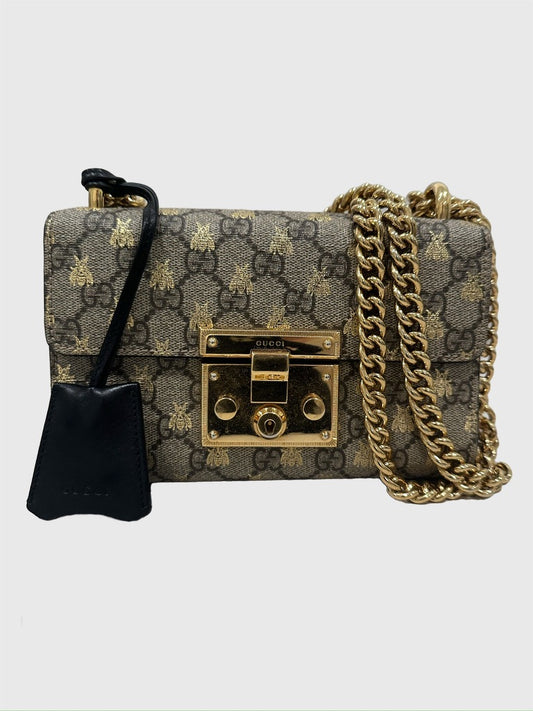 Gucci Bee GG Supreme Beige Canvas Black Leather Padlock - Small