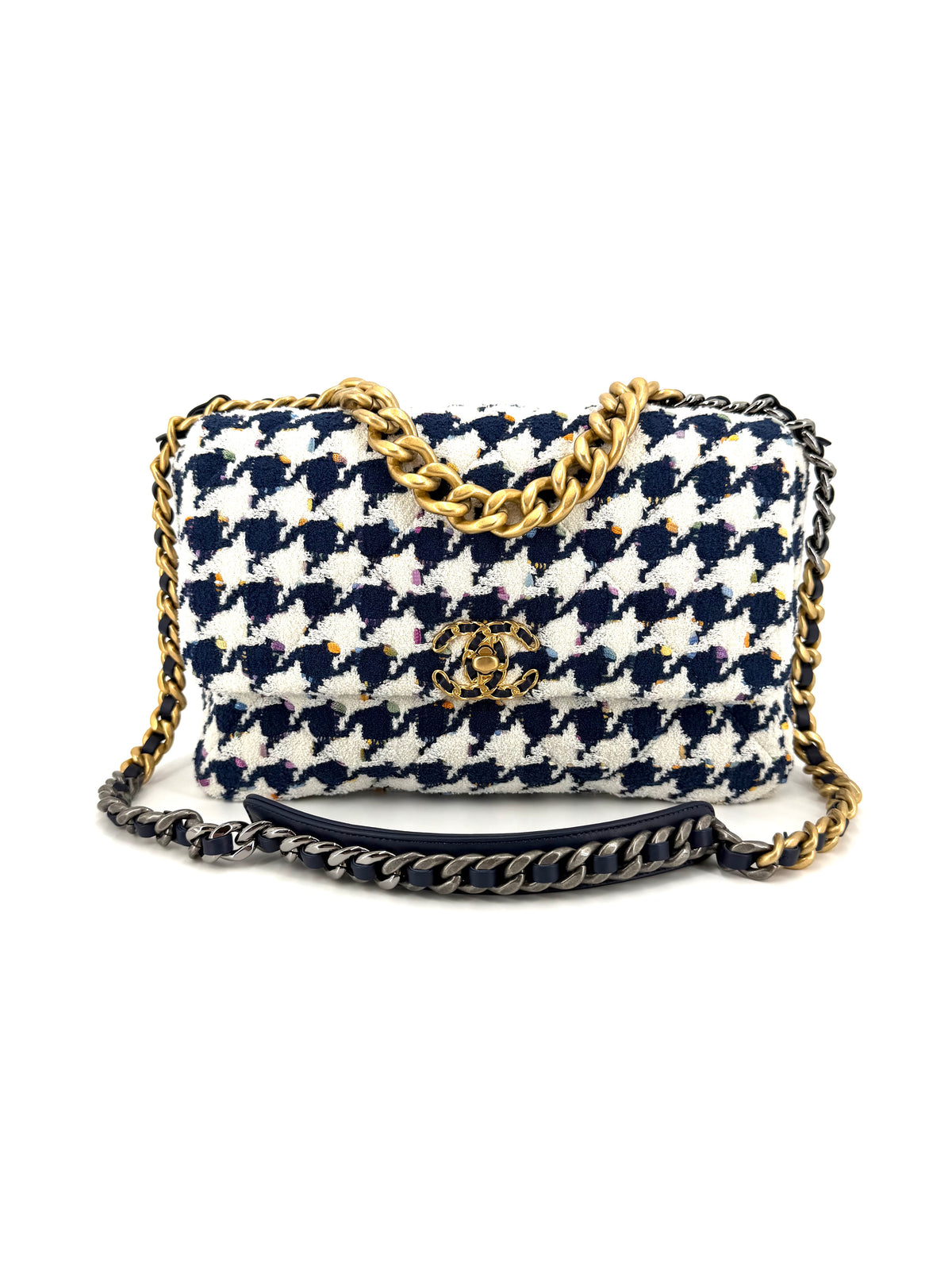 Authentic Chanel 19 Large flap bag featuring white and navy blue houndstooth tweed with multicolor accents, mixed metal chain hardware, chunky top handle, and CC turnlock closure.