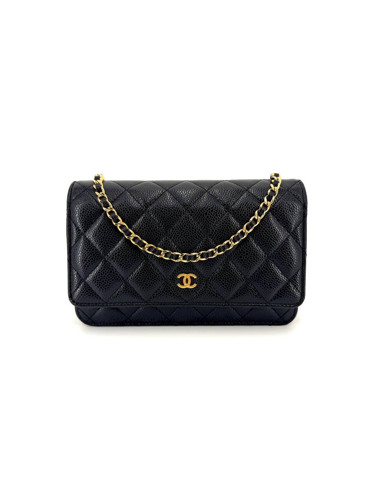 Authentic Chanel Wallet on Chain in black diamond-quilted caviar leather with gold-tone CC logo, magnetic flap closure, and leather-interwoven chain strap.