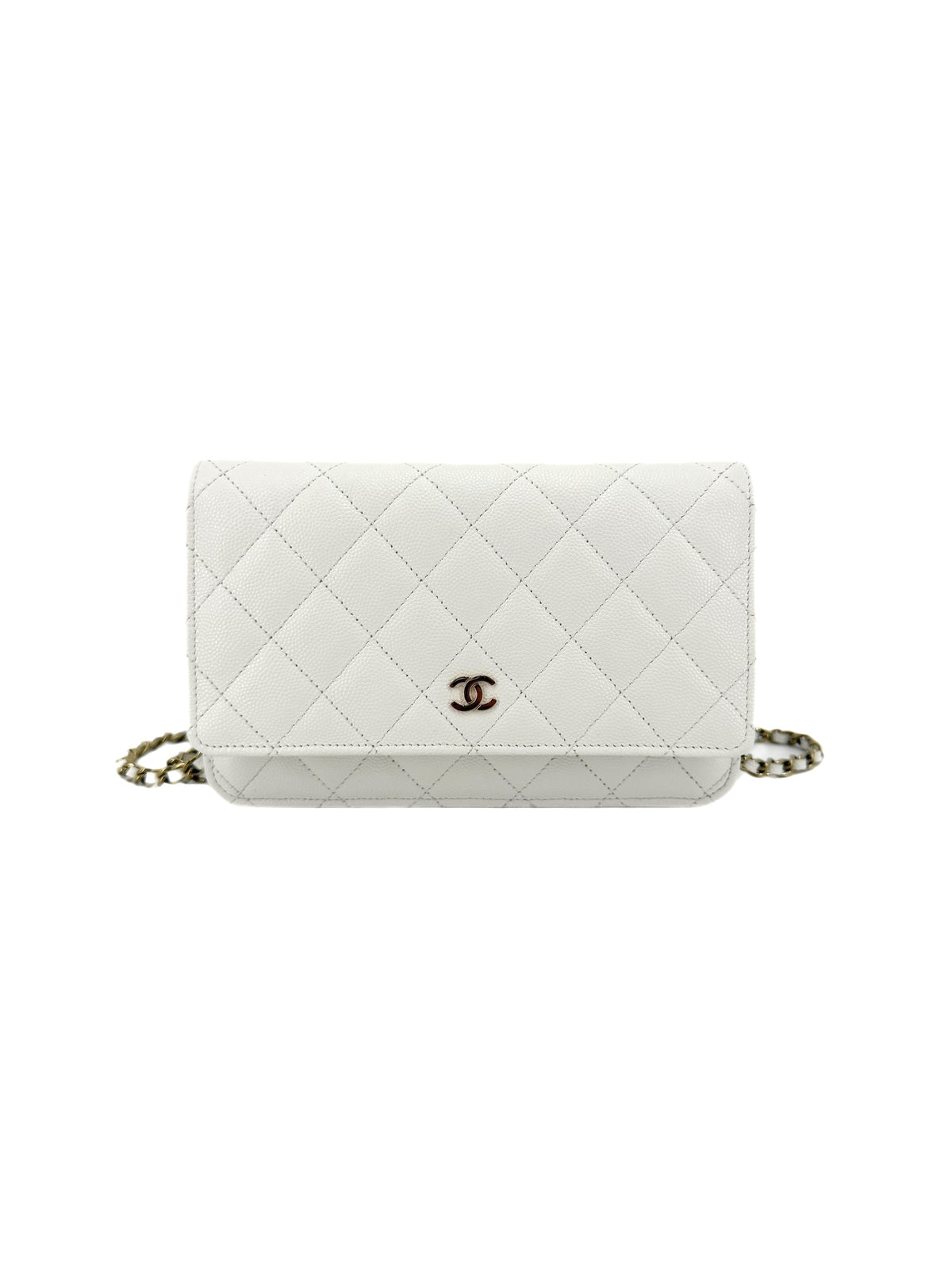 Shop the authentic Chanel Classic Wallet on Chain in white quilted caviar leather with gold-tone hardware, CC closure, and versatile chain strap.