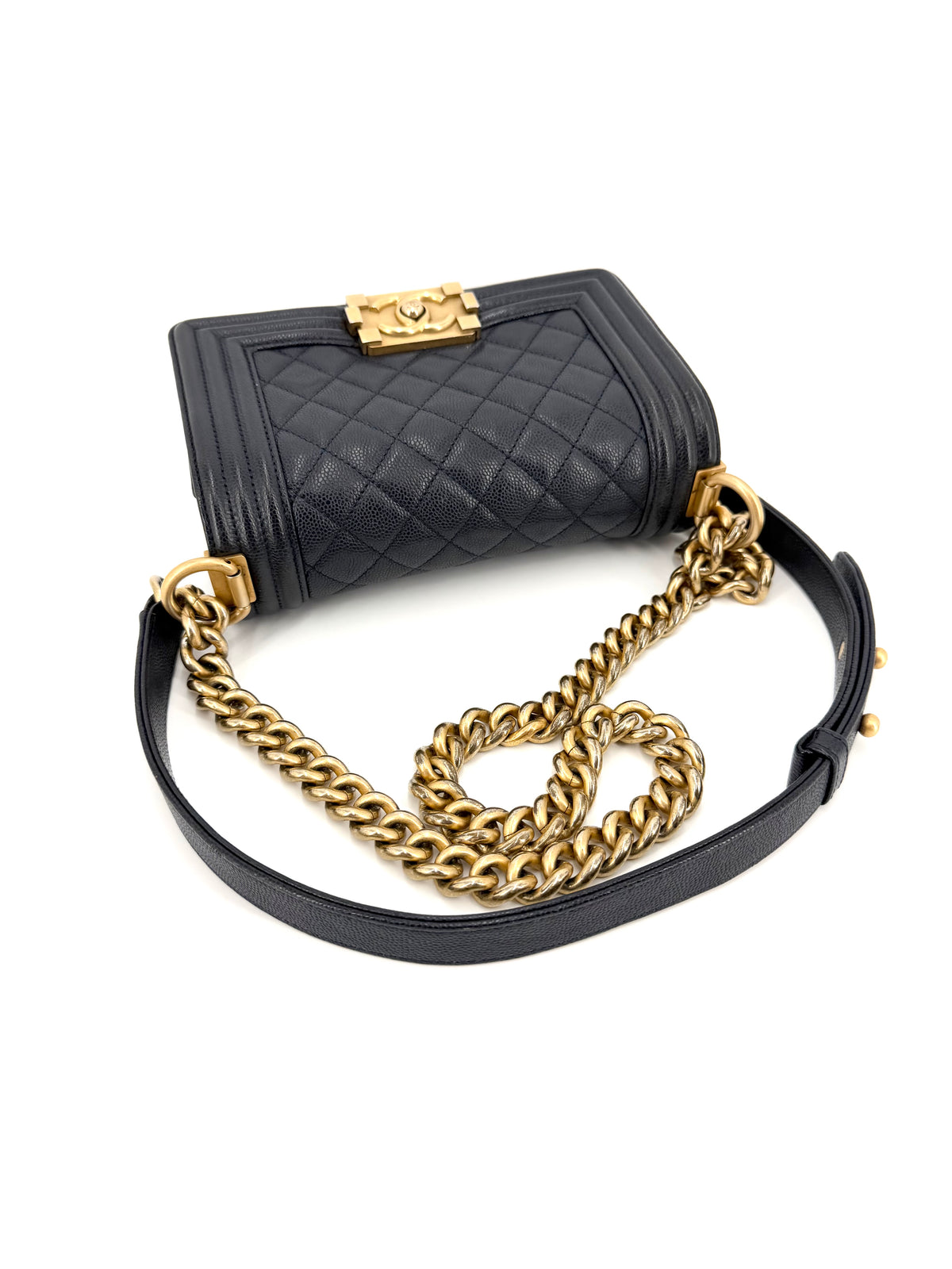 Authentic Chanel navy blue caviar leather handbag with aged gold-tone hardware