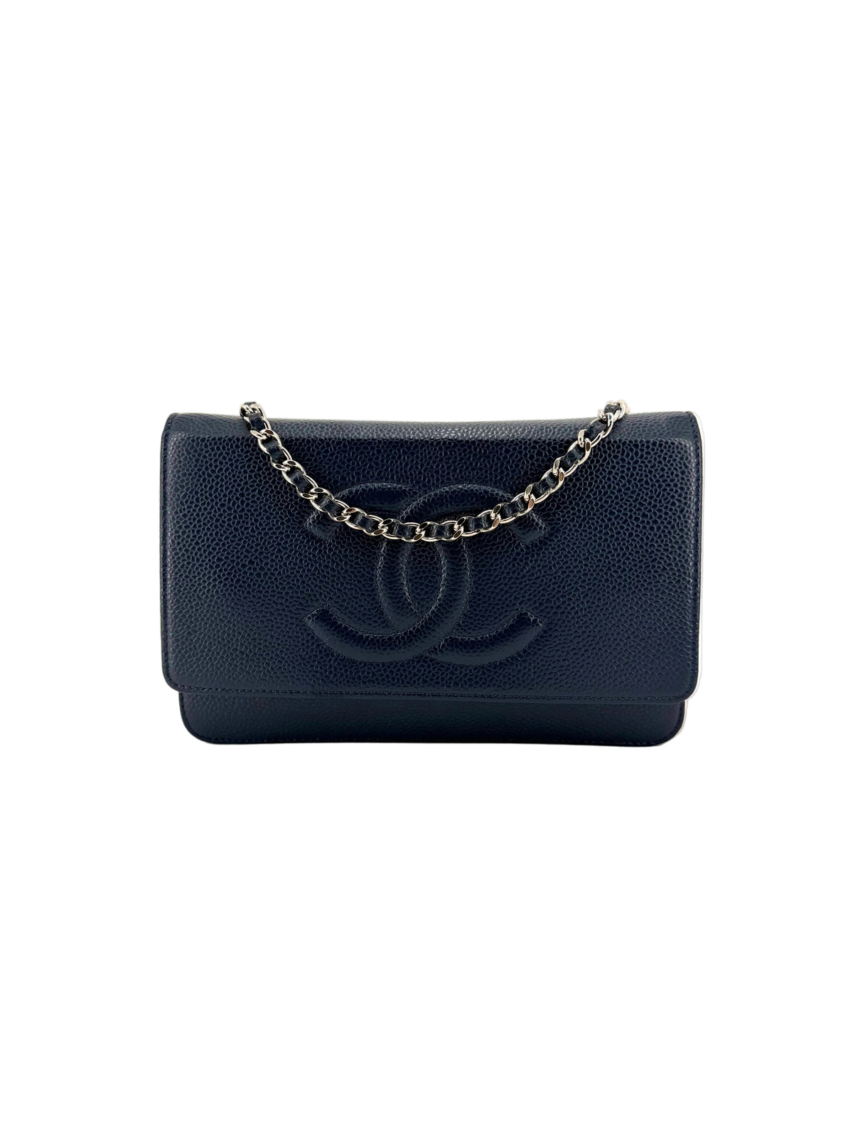 Pre-owned Chanel navy blue caviar leather Wallet on Chain WOC with oversized CC logo, silver-tone hardware, and chain strap