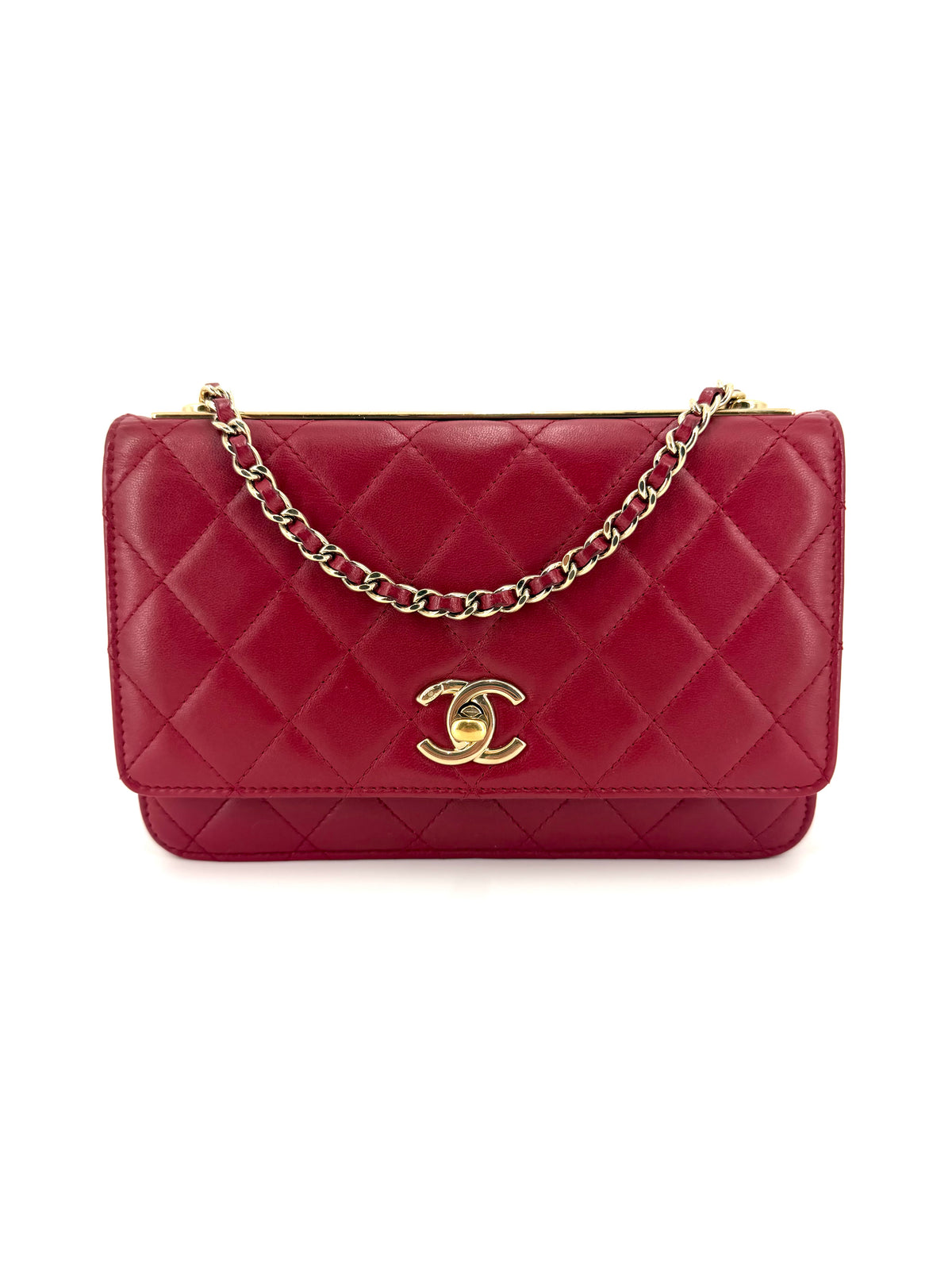 Authentic Chanel Trendy CC Wallet on Chain in red lambskin leather featuring gold-tone hardware, turnlock closure, and signature CHANEL plaque.