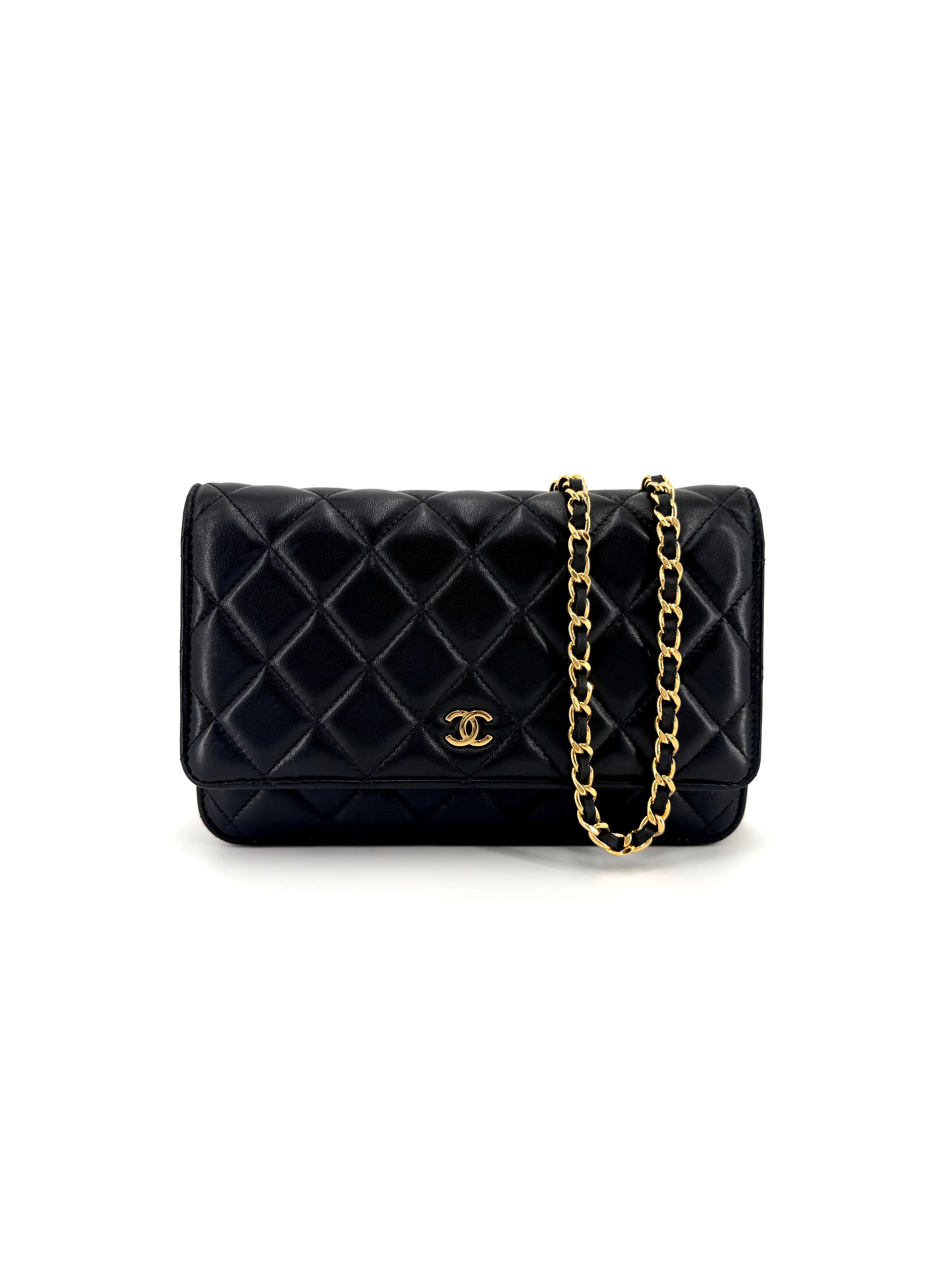 Chanel Wallet on Chain, Chanel WOC black lambskin, Chanel WOC gold hardware, Chanel Wallet on Chain red interior, Series 31 Chanel bag, pre-owned Chanel WOC, black Chanel crossbody wallet
