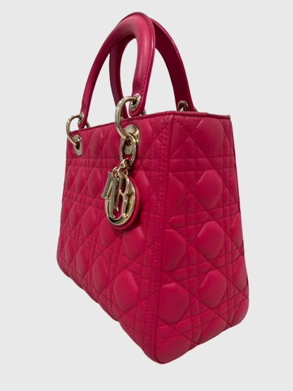 Christian Dior Fuchsia Pink Lambskin Cannage Lady Dior Medium Shoulder Bag