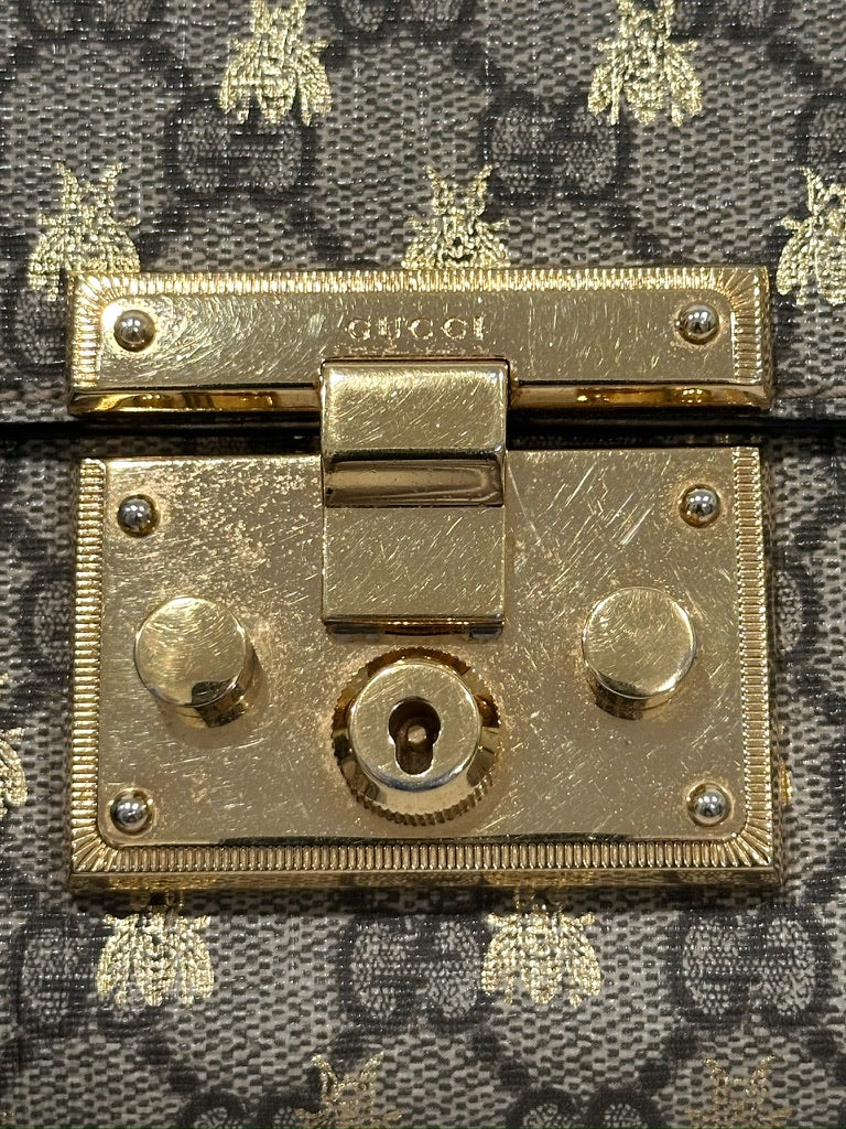 Gucci Bee GG Supreme Beige Canvas Black Leather Padlock - Small