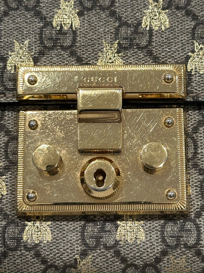 Gucci Bee GG Supreme Beige Canvas Black Leather Padlock - Small