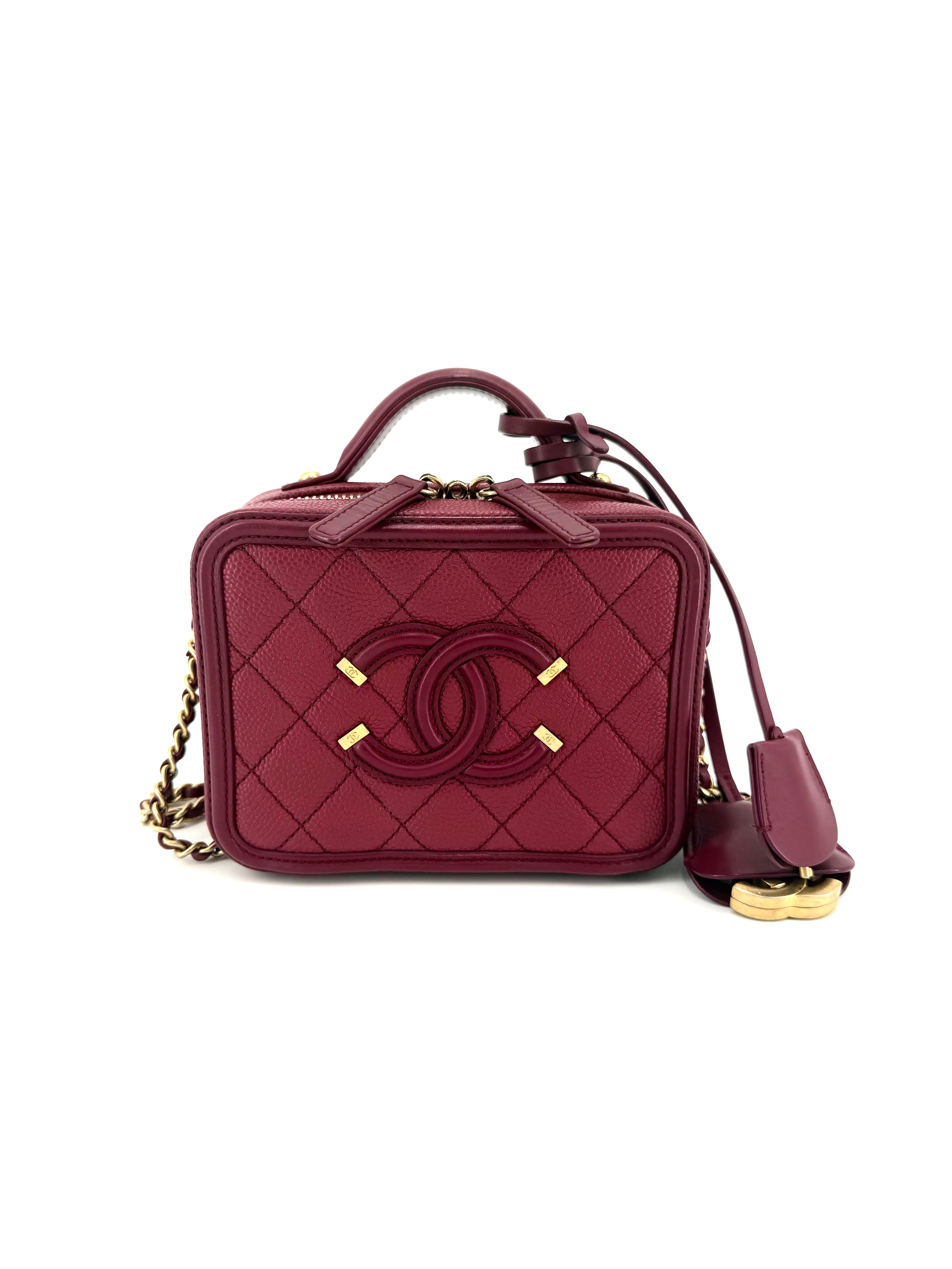 Chanel Small Filigree Vanity Case Red Caviar Leather Aged Gold Hardware with Lock Key and Two Clochettes