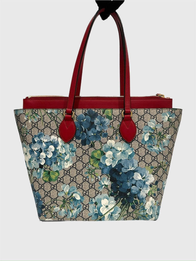 Gucci GG Supreme Canvas Blue Blooms Red Tote Bag