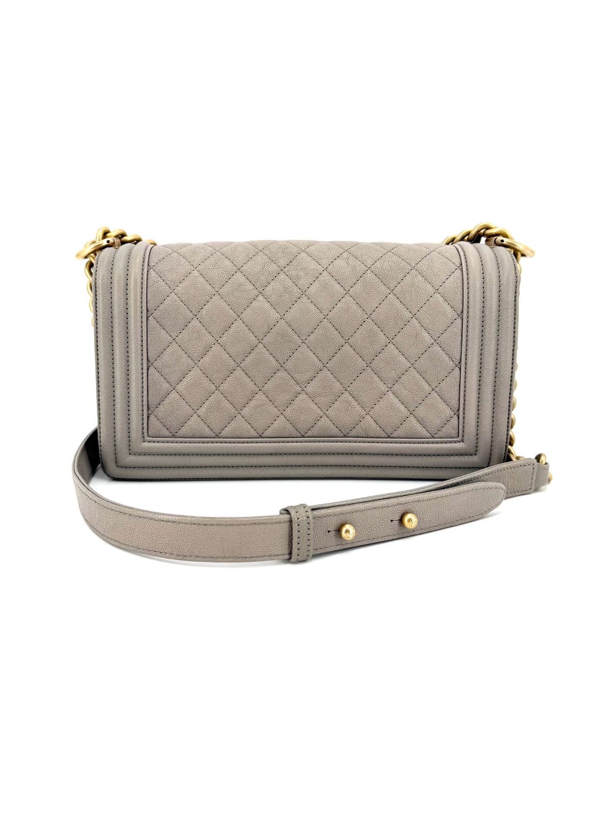 Pre-Owned Chanel Boy Medium Taupe Gray Quilted Caviar Leather Bag Gold Hardware