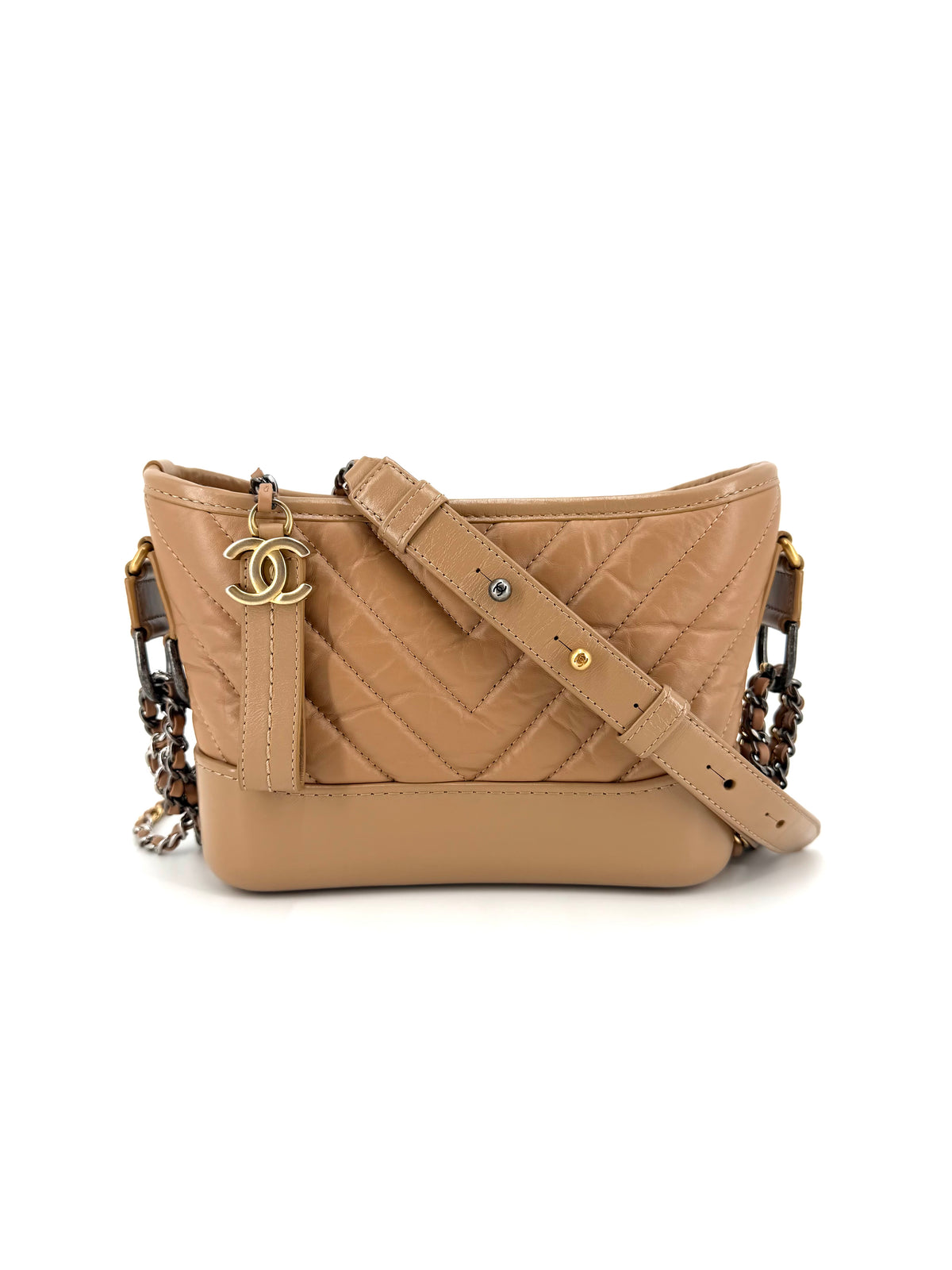 Pre-Owned Chanel Gabrielle Small Beige Chevron Aged Calfskin Hobo Bag