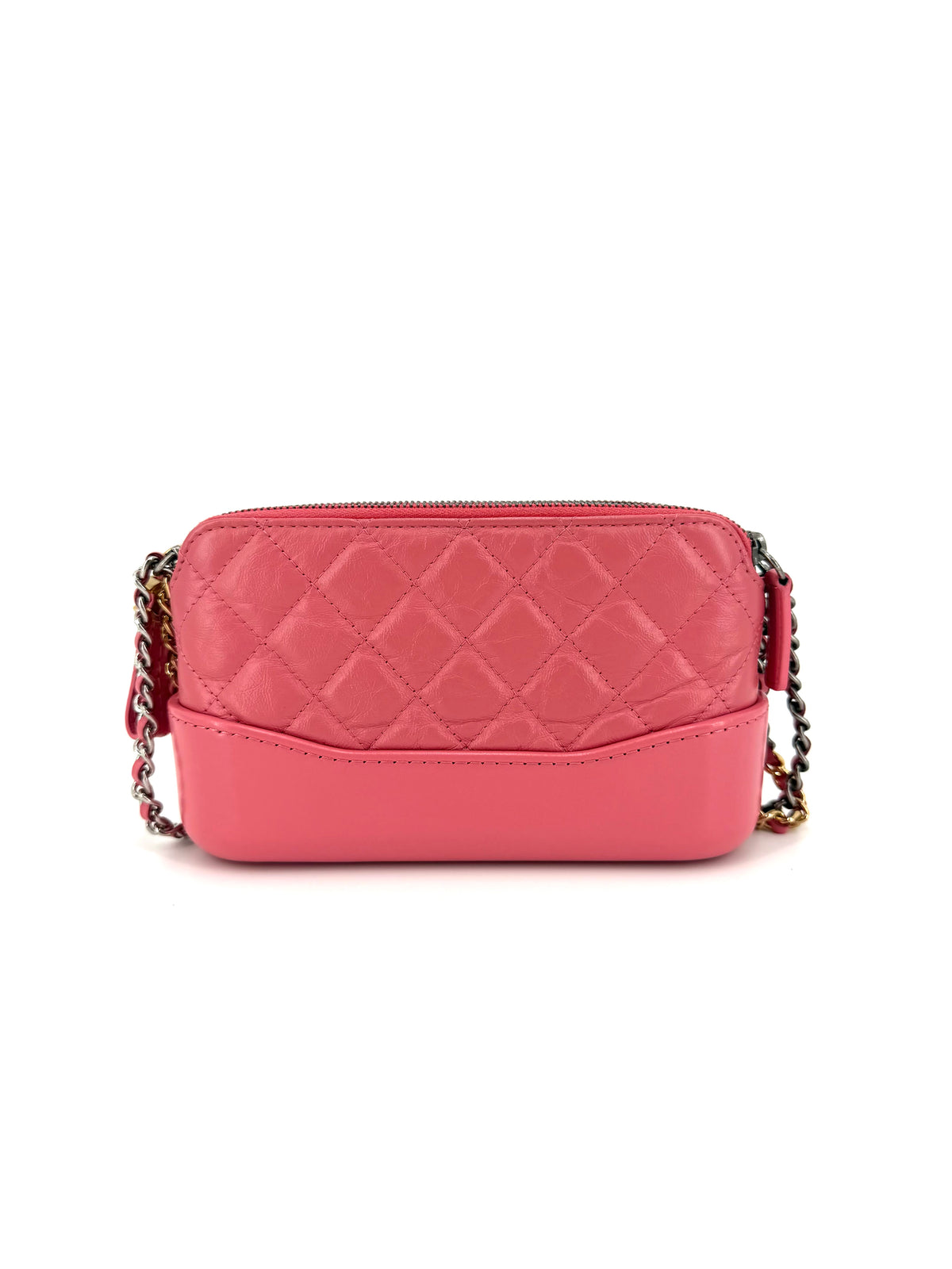 Pre-Owned Chanel Gabrielle Pink Quilted Aged Calfskin Double Zip Clutch with Chain