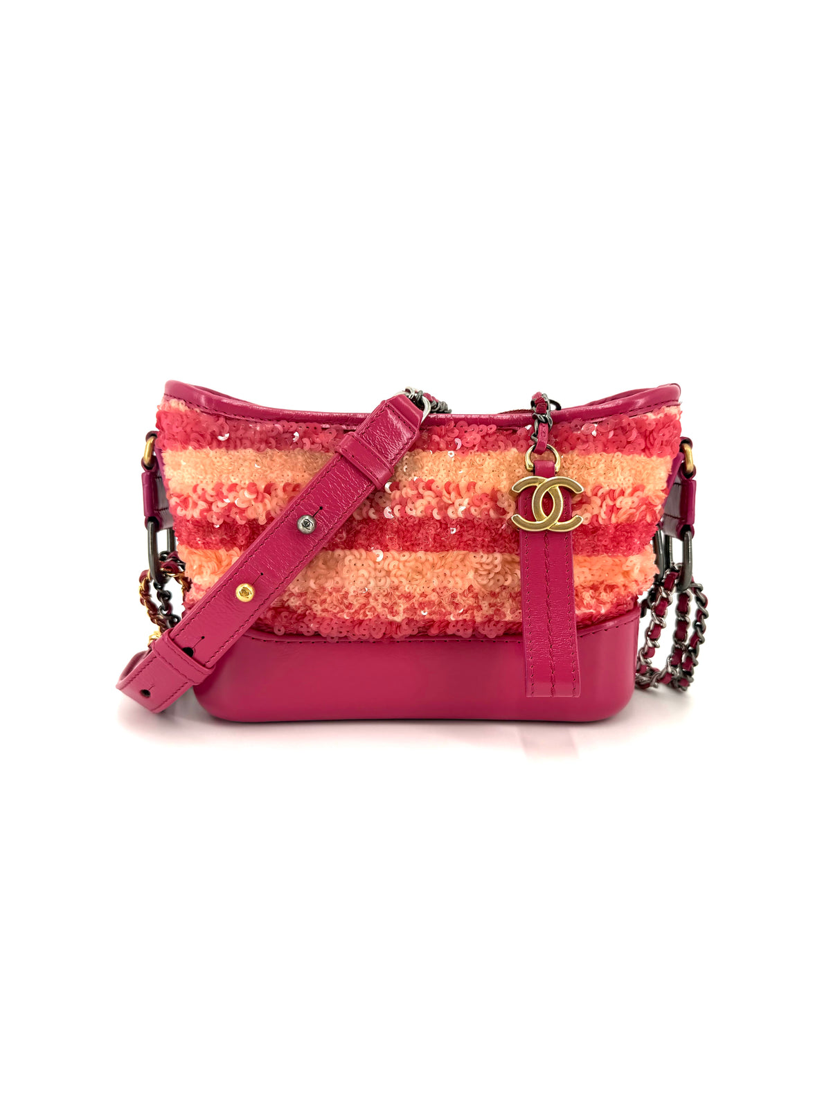 Pre-Owned Chanel Gabrielle Small Pink Peach Striped Sequin Hobo Bag