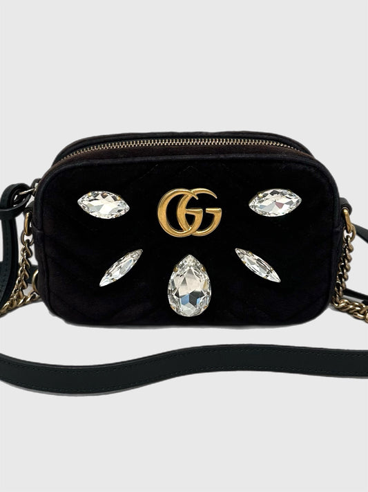 Gucci GG Marmont Black Velvet Crystal Crossbody Camera Bag