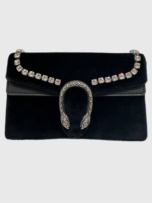 Gucci Black Velvet Crystal Dionysus Super Mini Bag