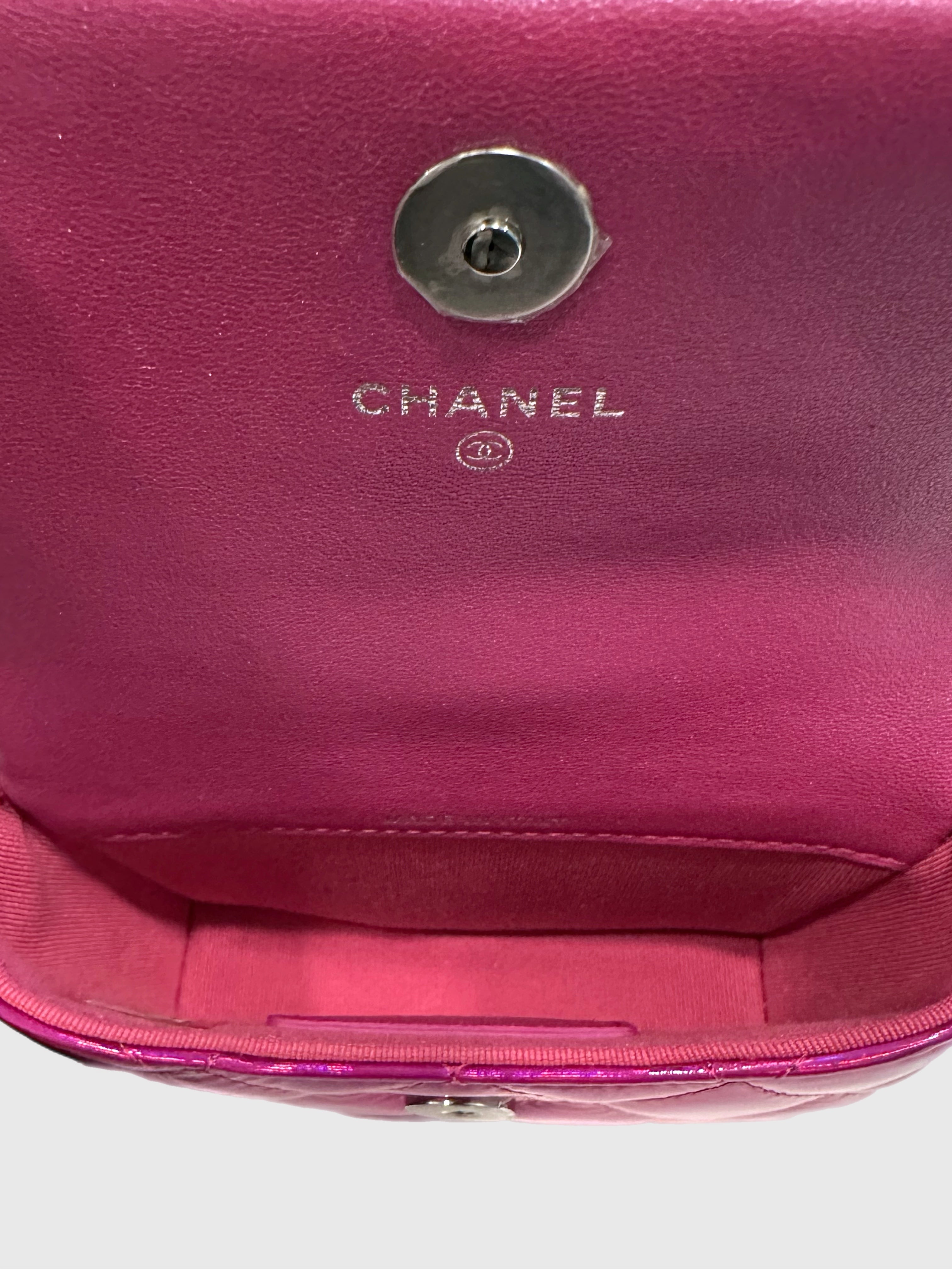 Chanel Pink Iridescent Quilted Patent Leather Hook Card Holder
