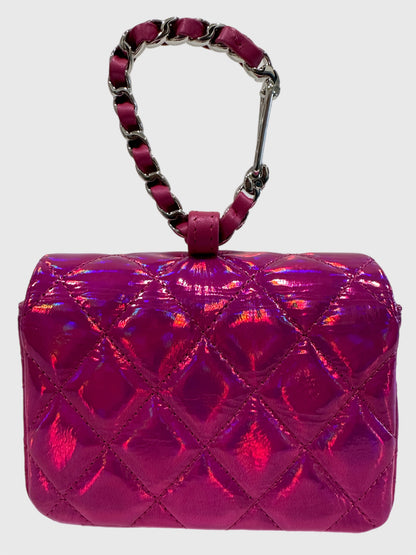 Chanel Pink Iridescent Quilted Patent Leather Hook Card Holder