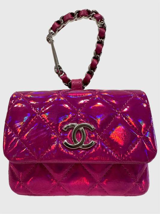 Chanel Pink Iridescent Quilted Patent Leather Hook Card Holder