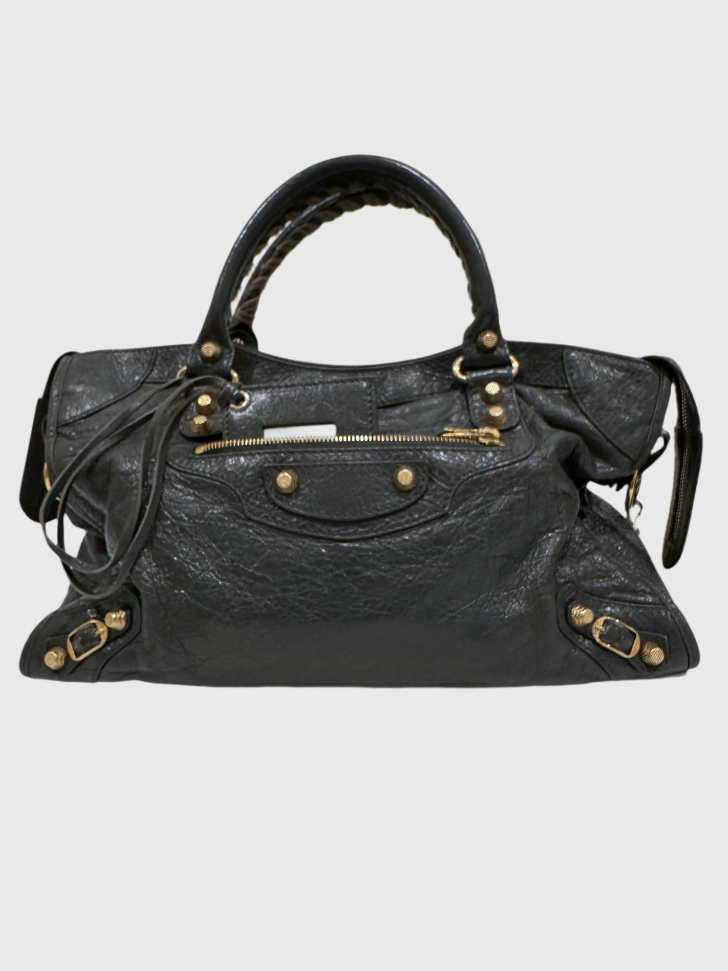 Balenciaga Dark Gray Leather Motocross City Giant Shoulder Bag with Strap