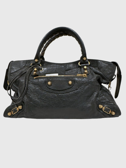 Balenciaga Dark Gray Leather Motocross City Giant Shoulder Bag with Strap