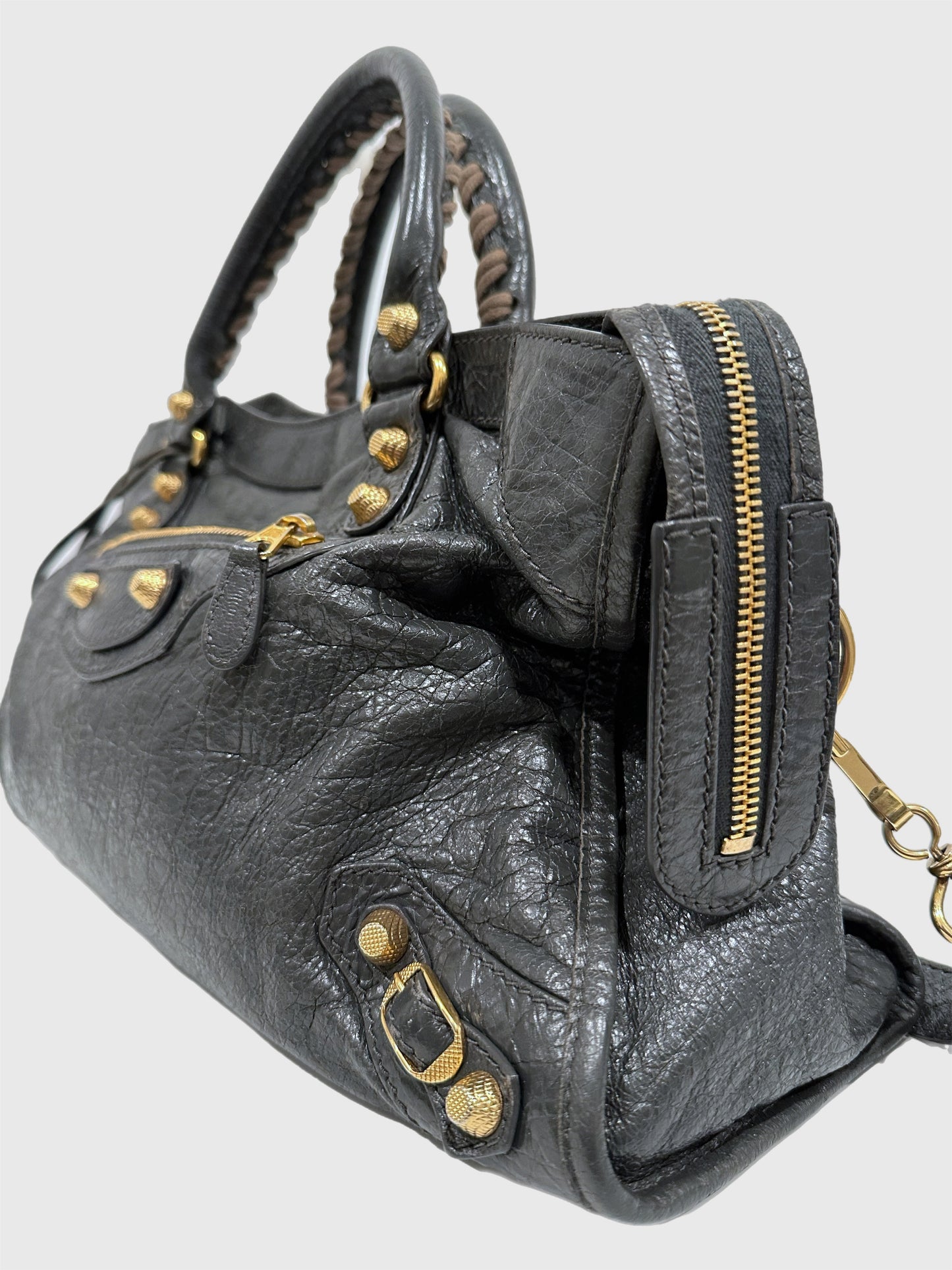 Balenciaga Dark Gray Leather Motocross City Giant Shoulder Bag with Strap