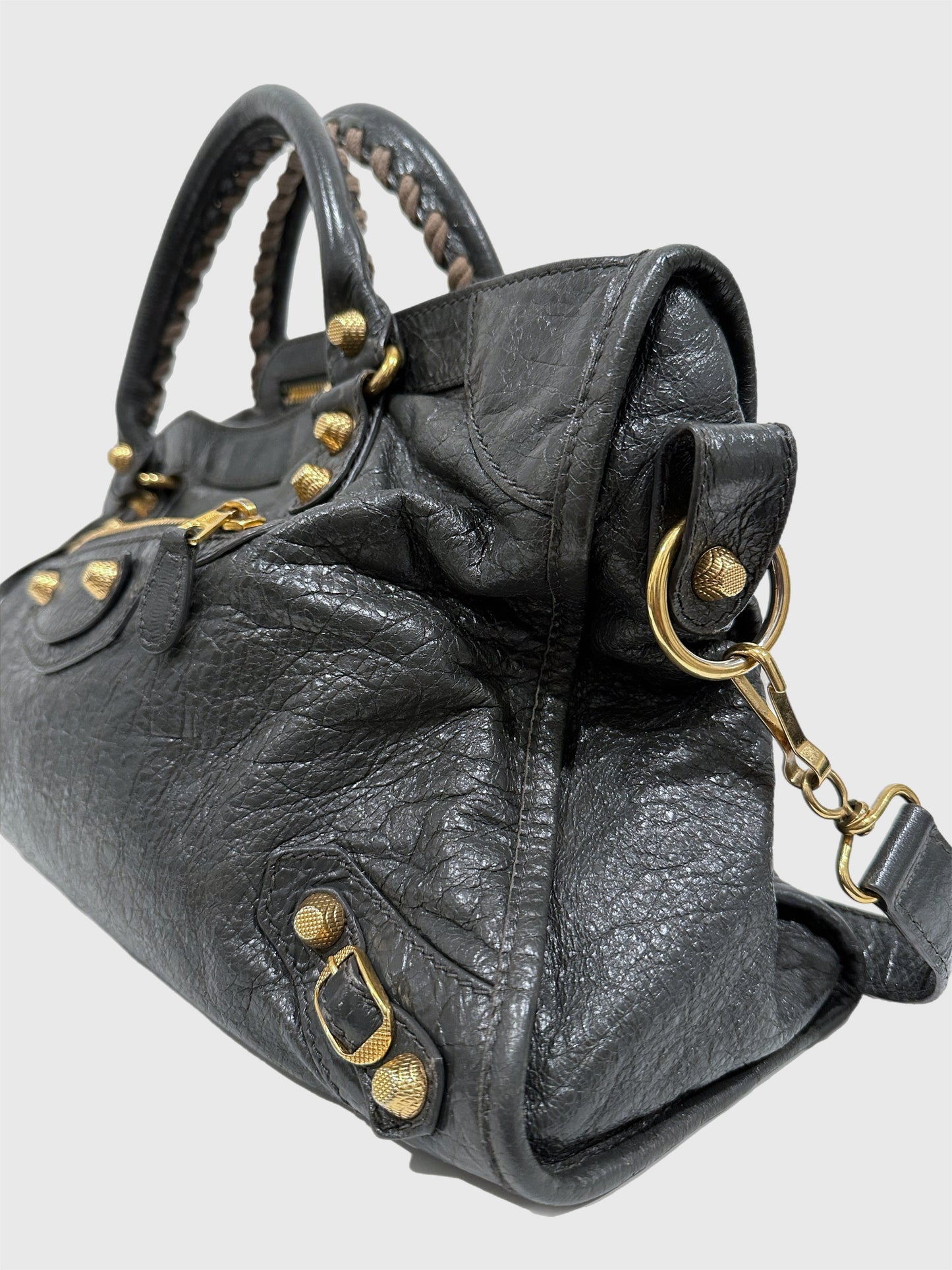 Balenciaga Dark Gray Leather Motocross City Giant Shoulder Bag with Strap