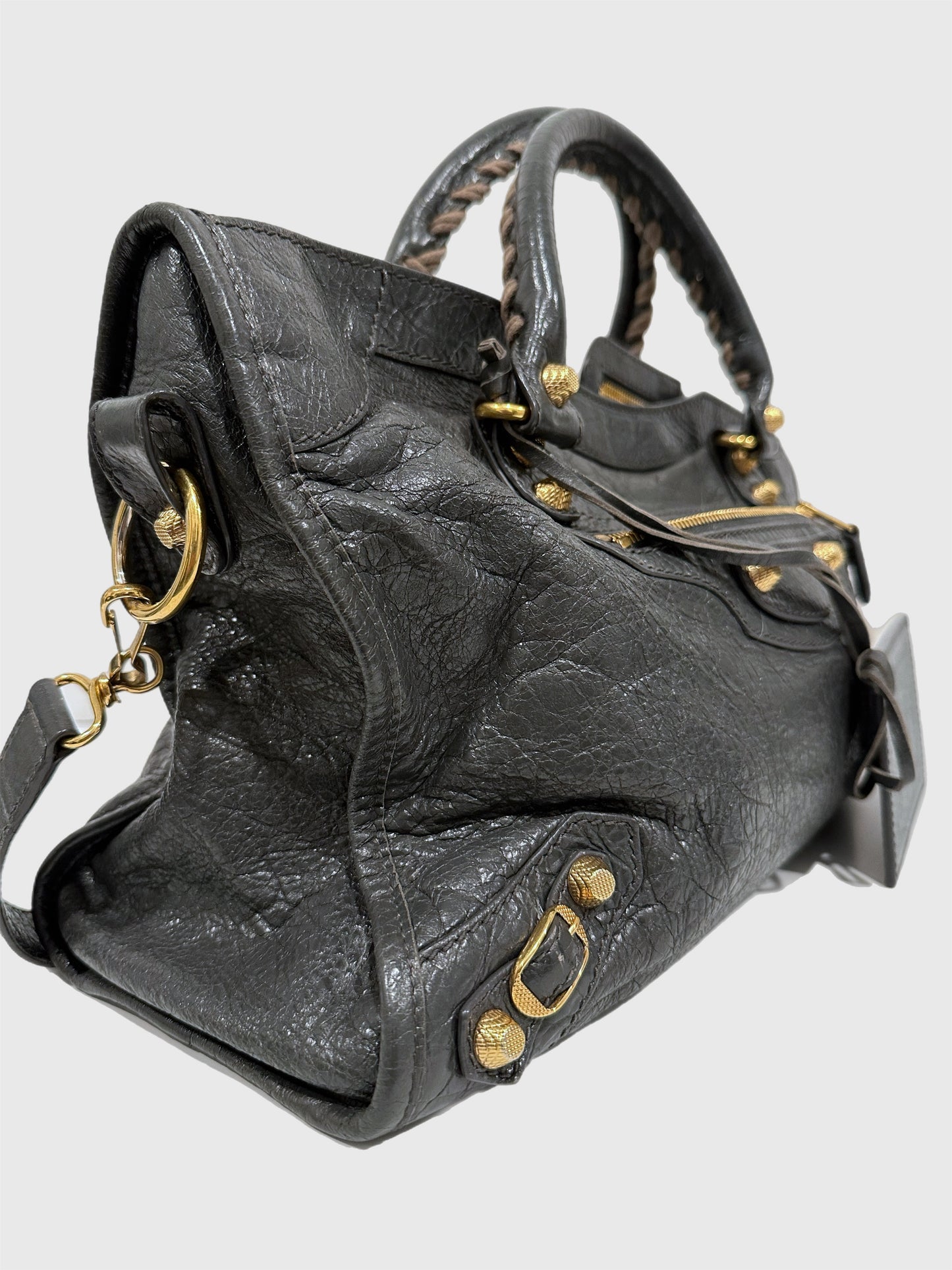 Balenciaga Dark Gray Leather Motocross City Giant Shoulder Bag with Strap