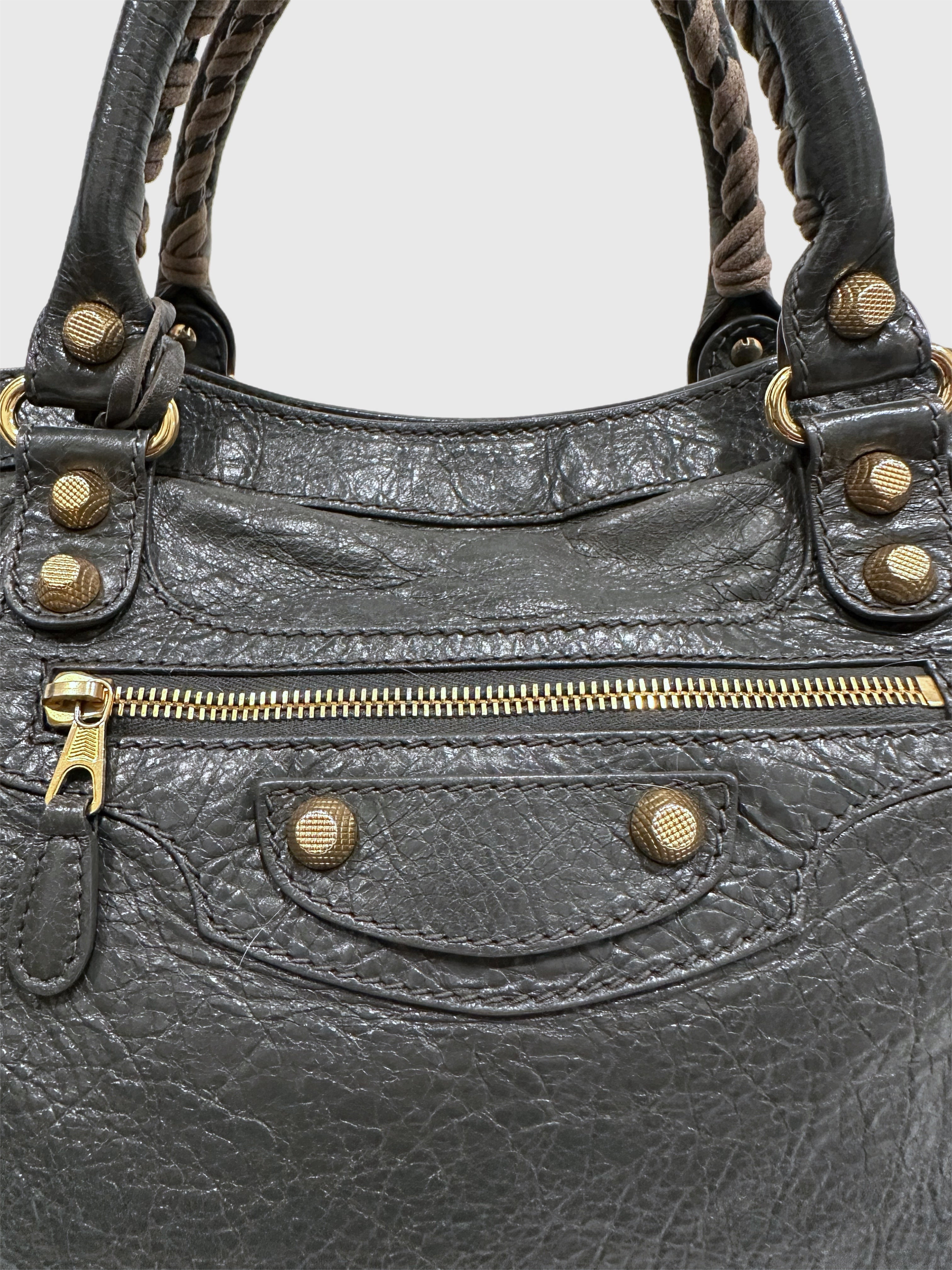 Balenciaga Dark Gray Leather Motocross City Giant Shoulder Bag with Strap