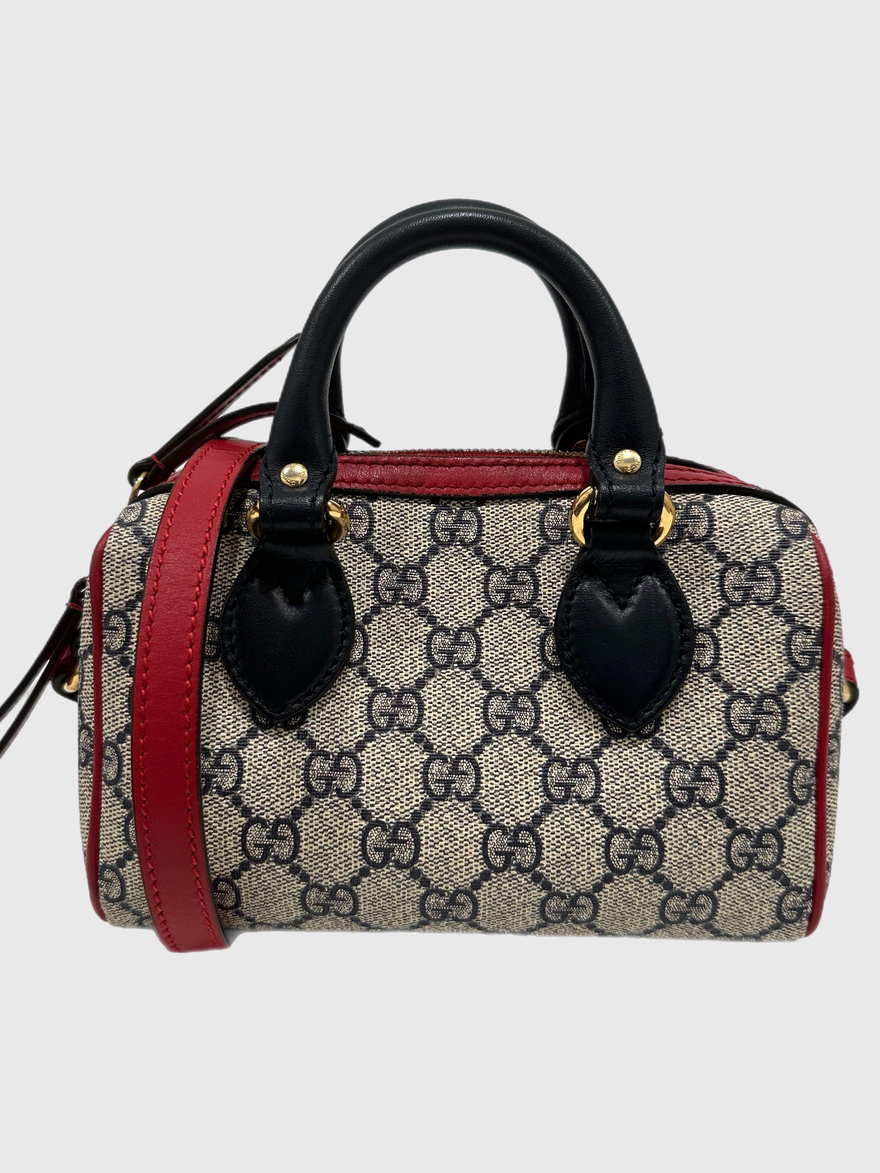 Gucci GG Boston Supreme Beige Canvas Navy Handles Crossbody Mini Bag
