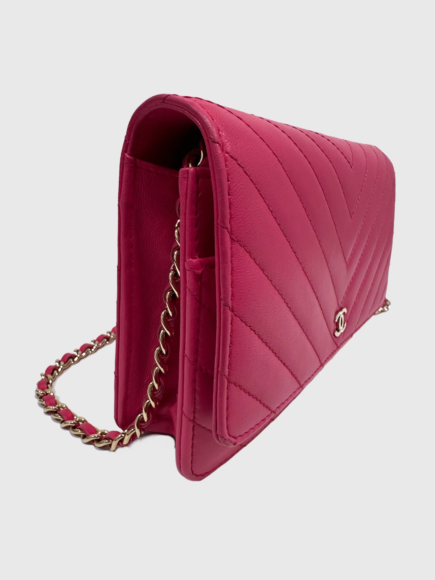 Chanel Pink Lambskin Leather Chevron Crossbody Wallet on Chain WOC