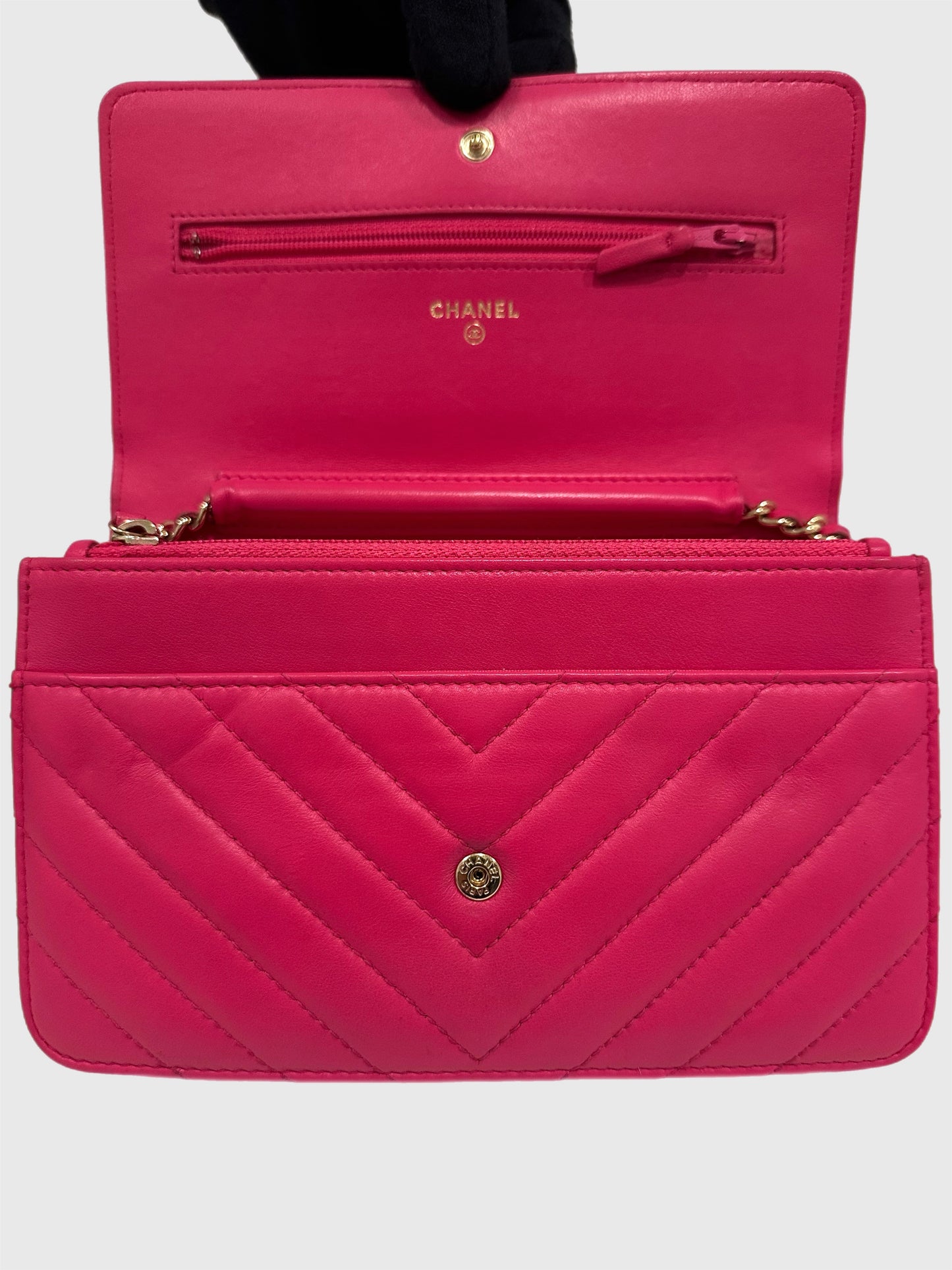 Chanel Pink Lambskin Leather Chevron Crossbody Wallet on Chain WOC