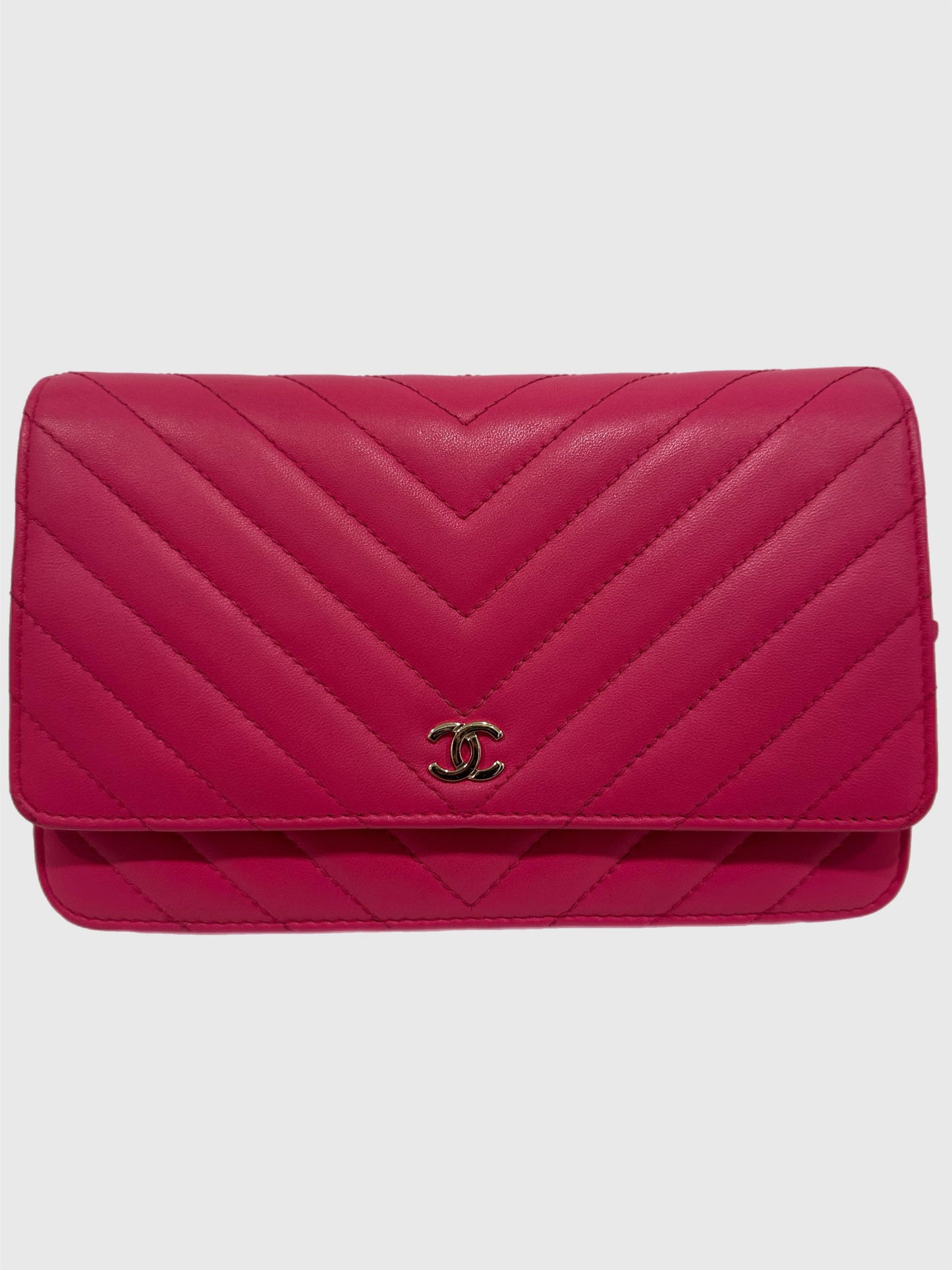 Chanel Pink Lambskin Leather Chevron Crossbody Wallet on Chain WOC