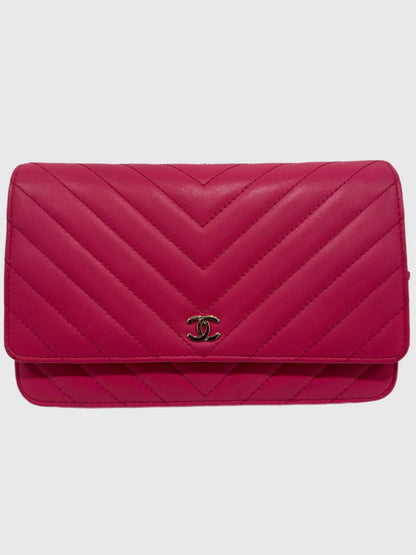 Chanel Pink Lambskin Leather Chevron Crossbody Wallet on Chain WOC