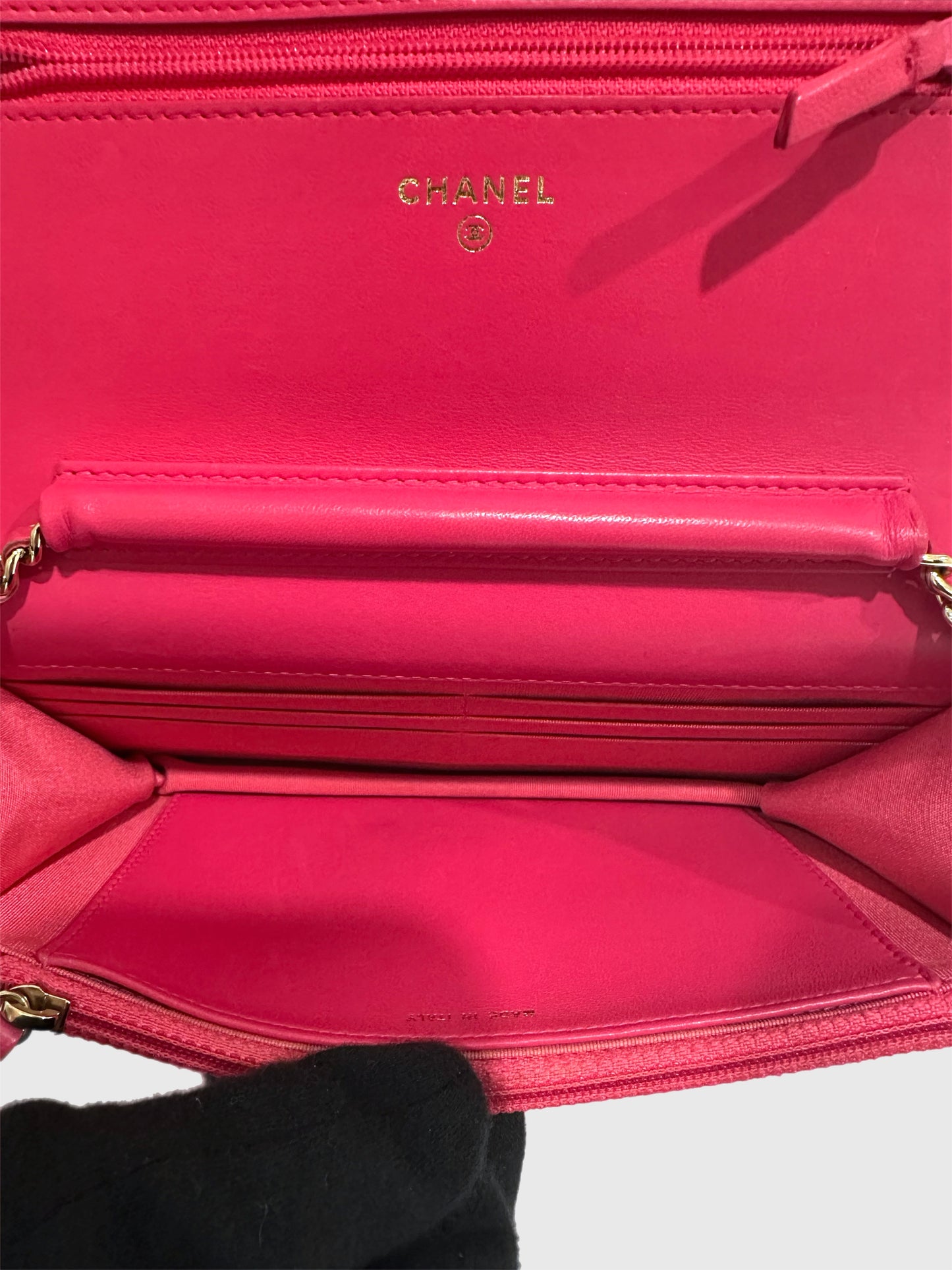 Chanel Pink Lambskin Leather Chevron Crossbody Wallet on Chain WOC