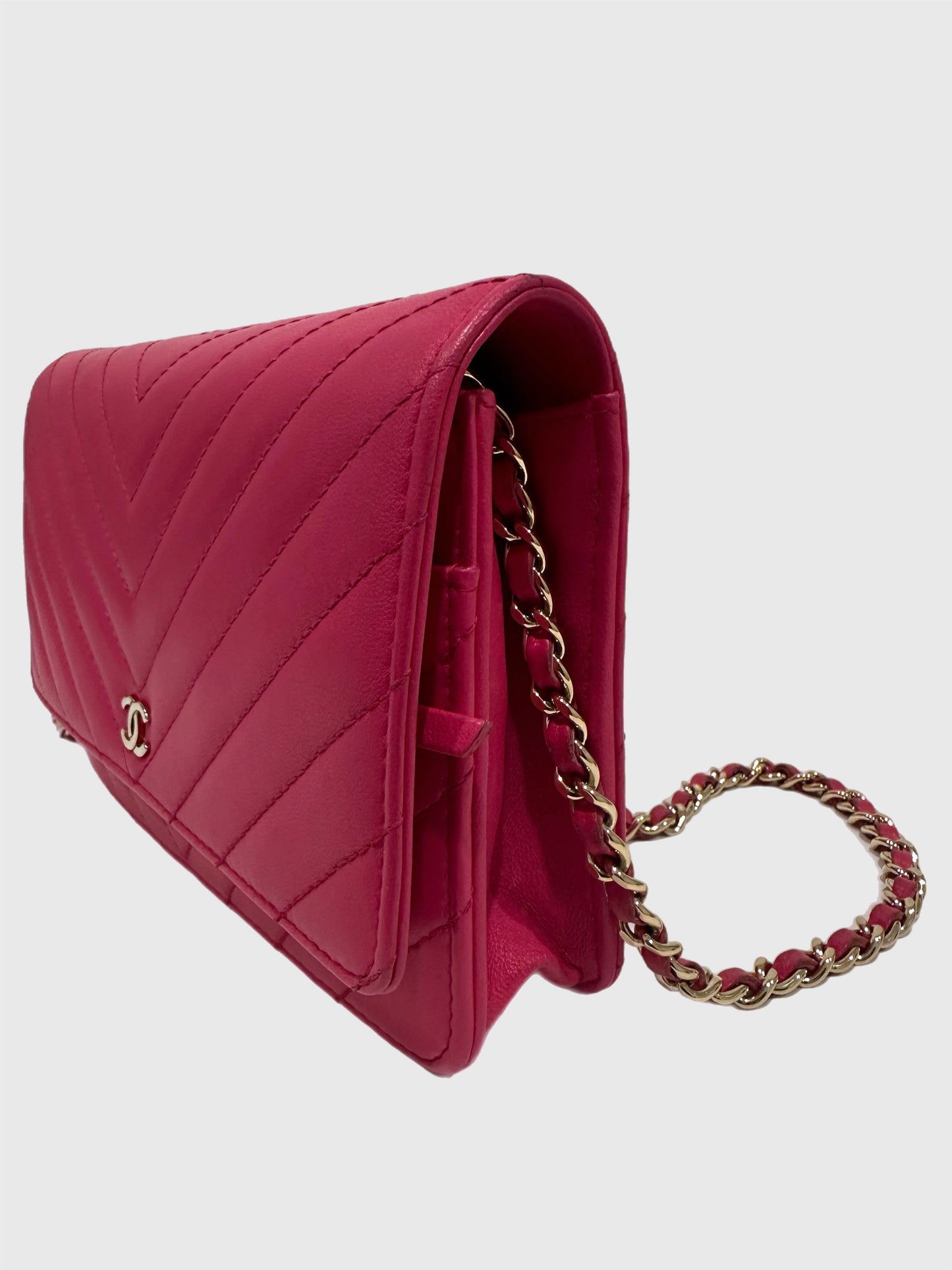 Chanel Pink Lambskin Leather Chevron Crossbody Wallet on Chain WOC