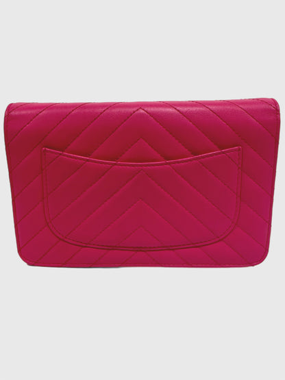 Chanel Pink Lambskin Leather Chevron Crossbody Wallet on Chain WOC