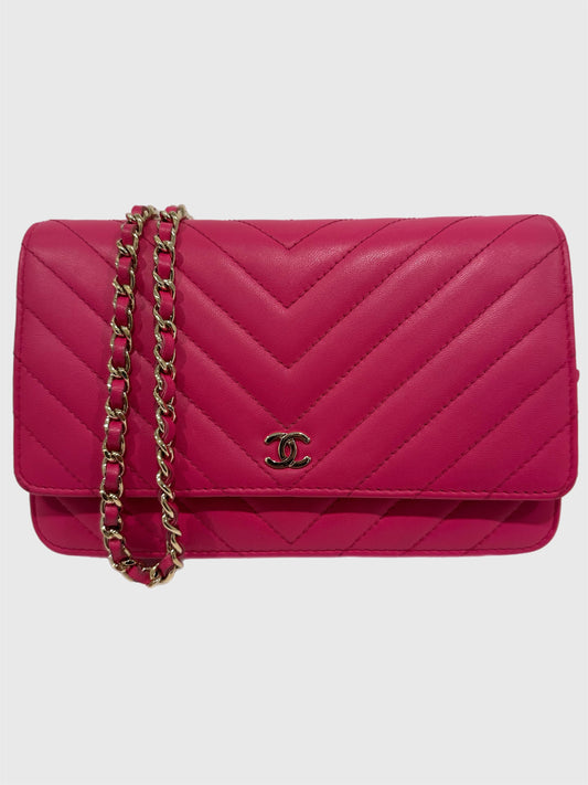 Chanel Pink Lambskin Leather Chevron Crossbody Wallet on Chain WOC